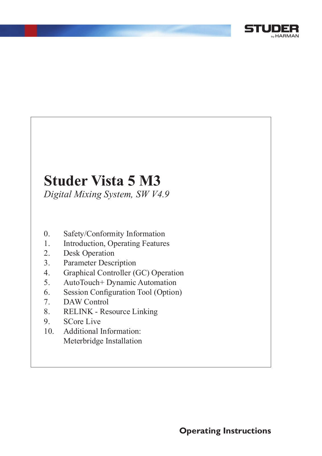 Studer Vista 5 M3 Operating Instructions Manual