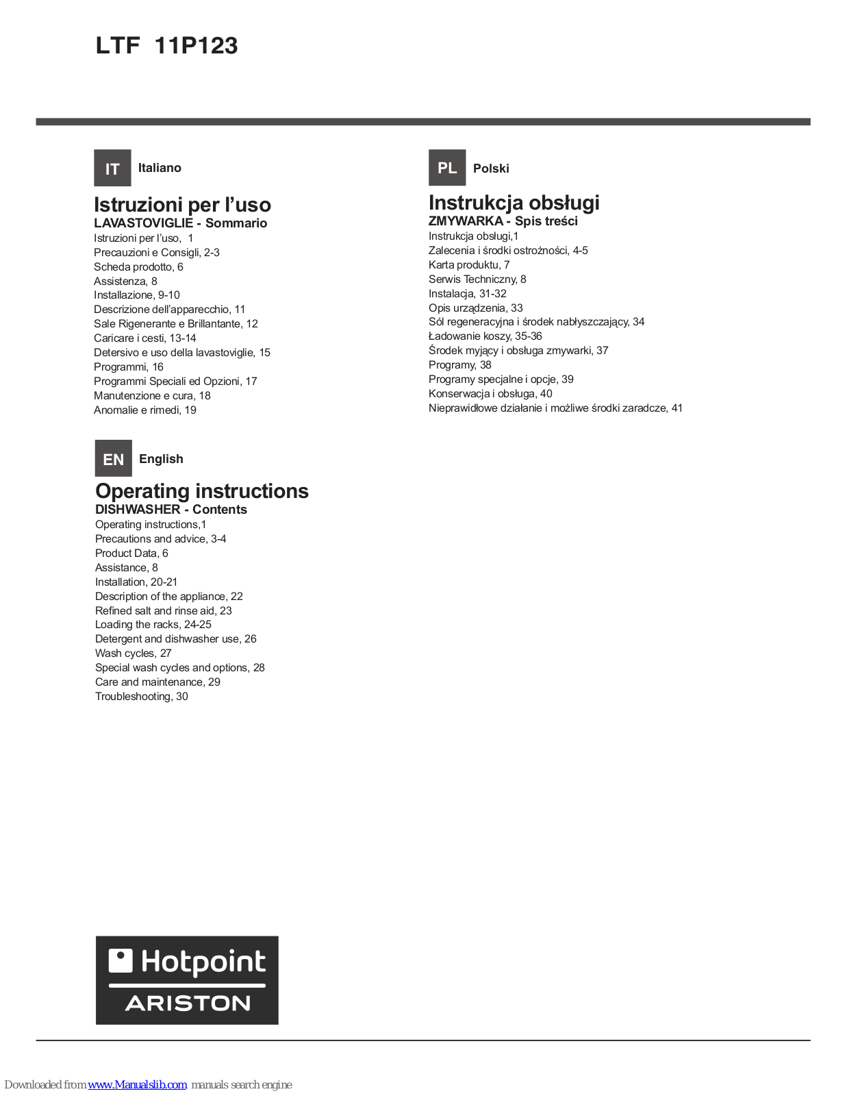 Hotpoint Ariston LTF 11P123 Operating Instructions Manual