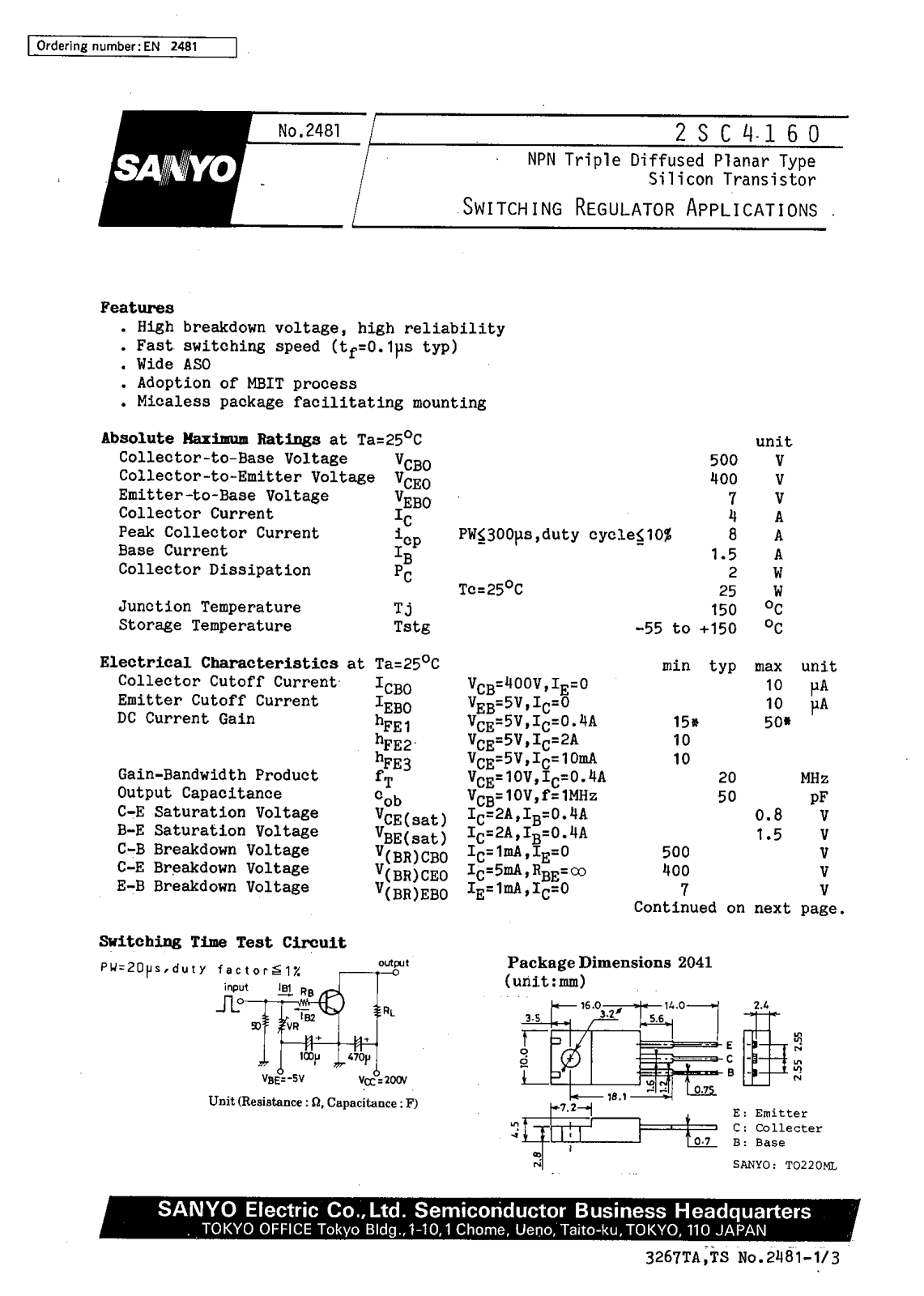 SANYO 2SC4160 Datasheet