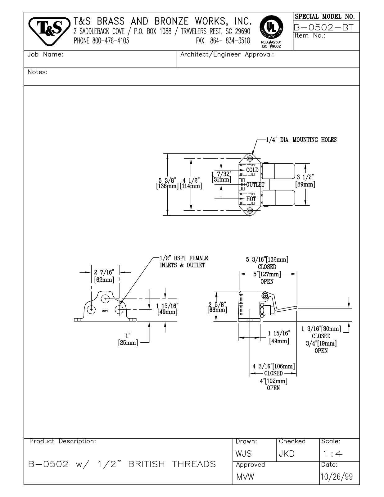 T & S Brass & Bronze Works B-0502-BT General Manual