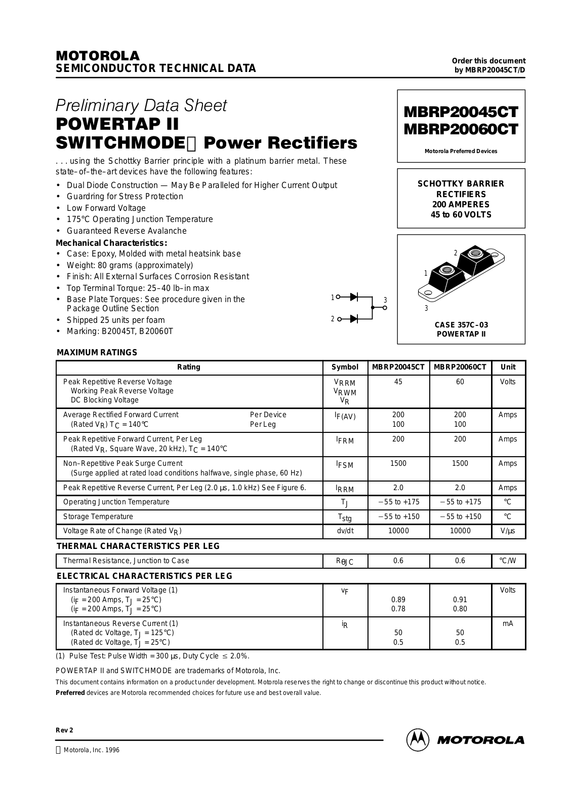 Motorola MBRP20080CT, MBRP20045CT Datasheet