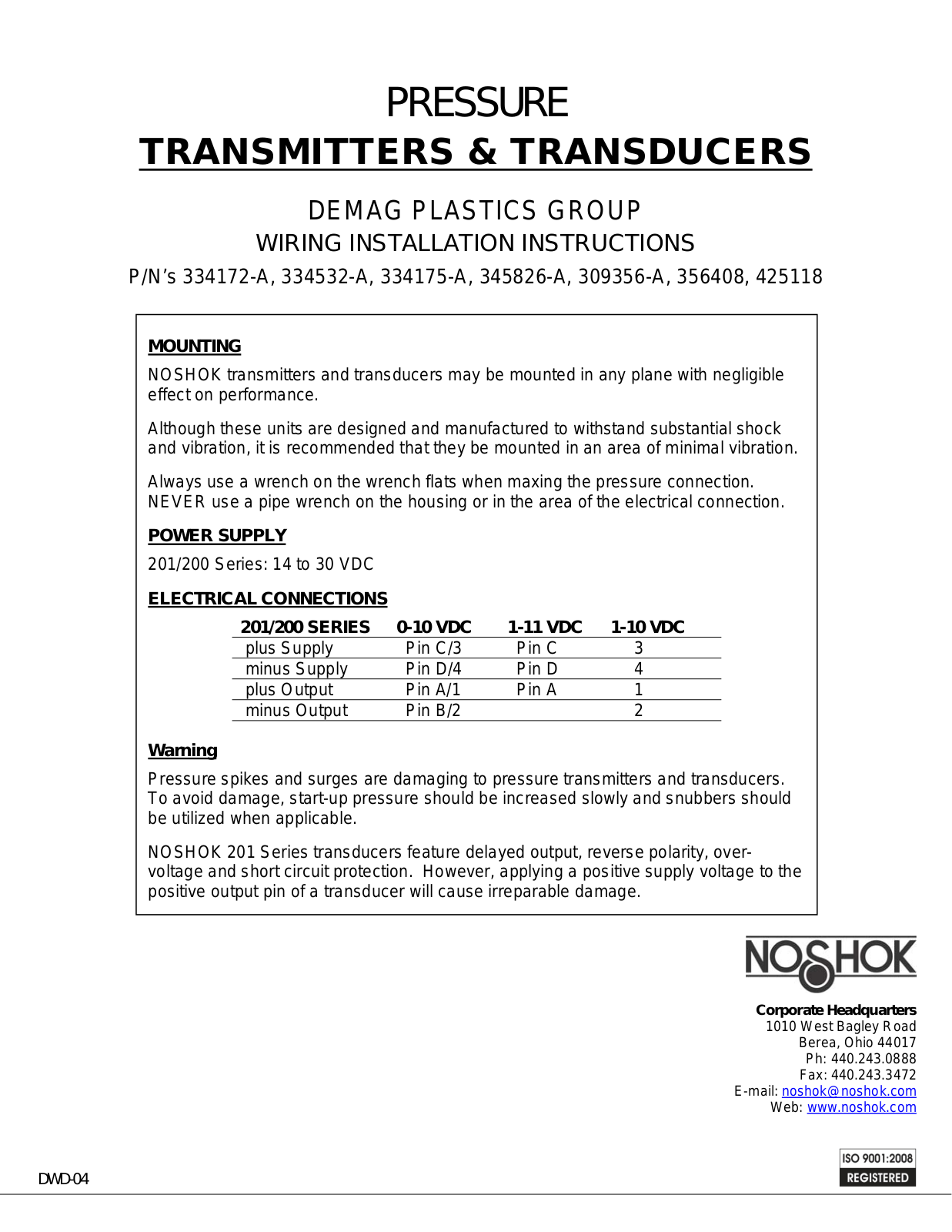 NOSHOK Pressure Transmitters User Manual