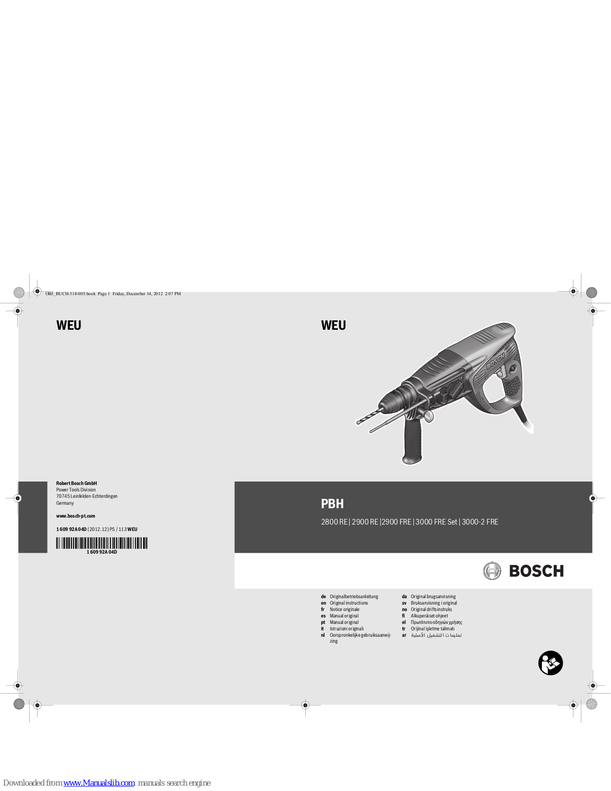 Bosch PBH 2900 FRE, PBH 3000 FRE Set Original Instructions Manual