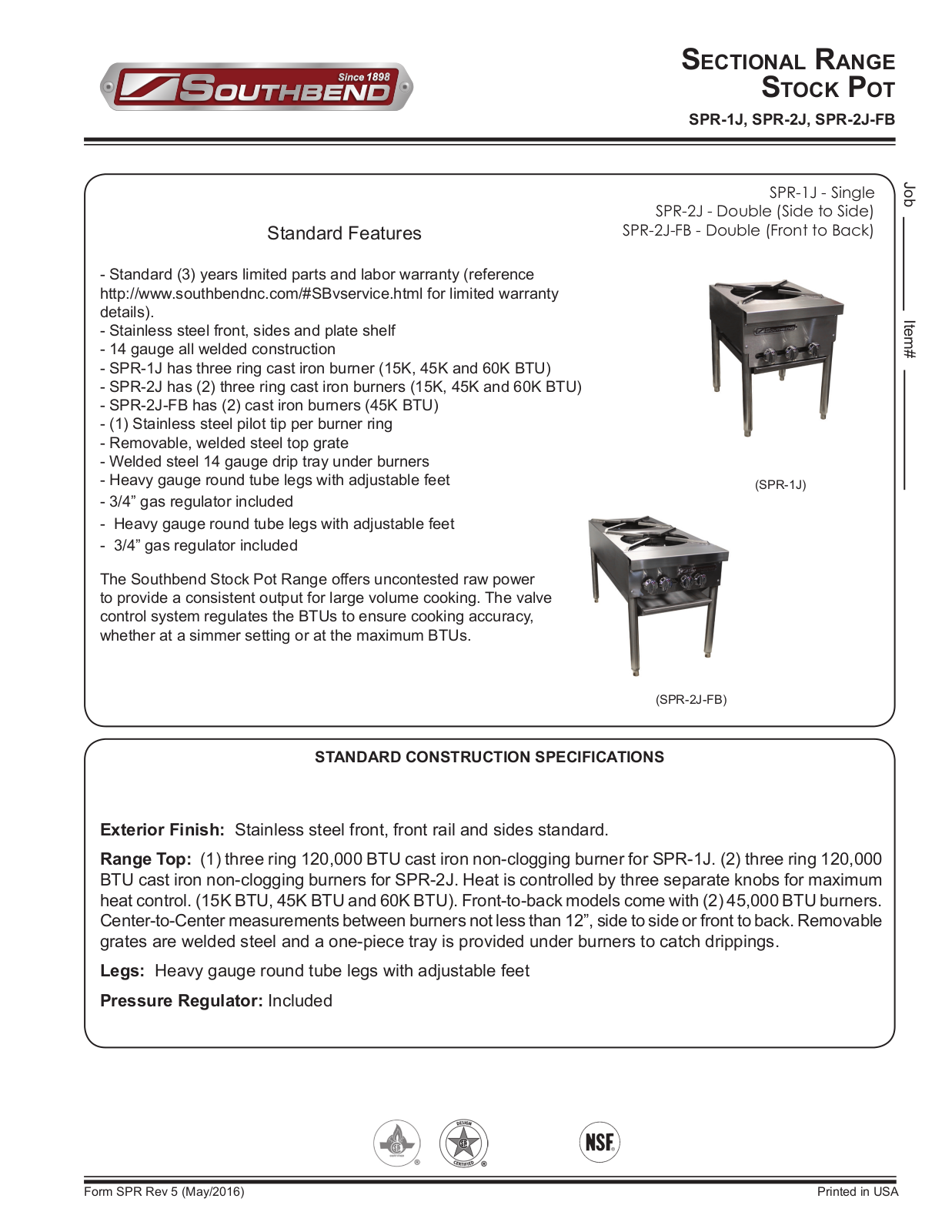 Southbend SPR2JFB, SPR2J Product Sheet