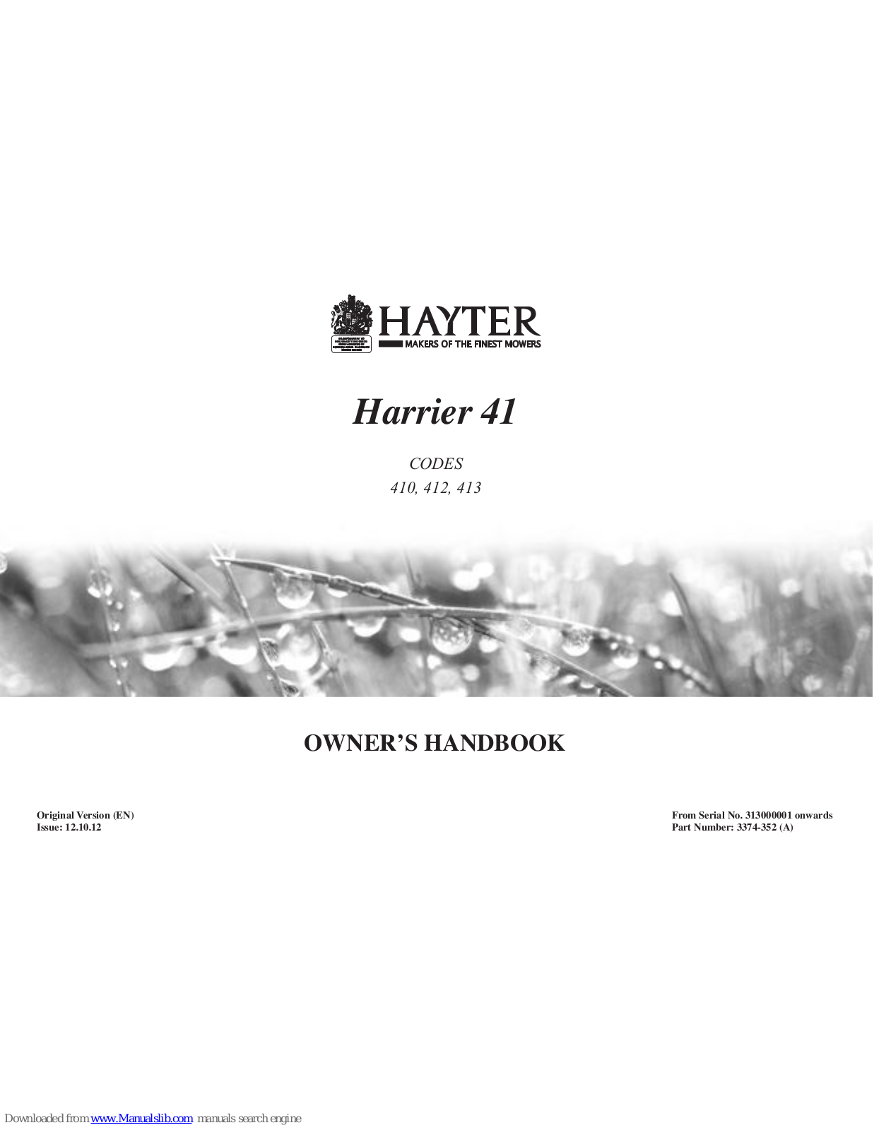 Hayter Harrier 41 410, Harrier 41 412, Harrier 41 413 Owner's Handbook Manual