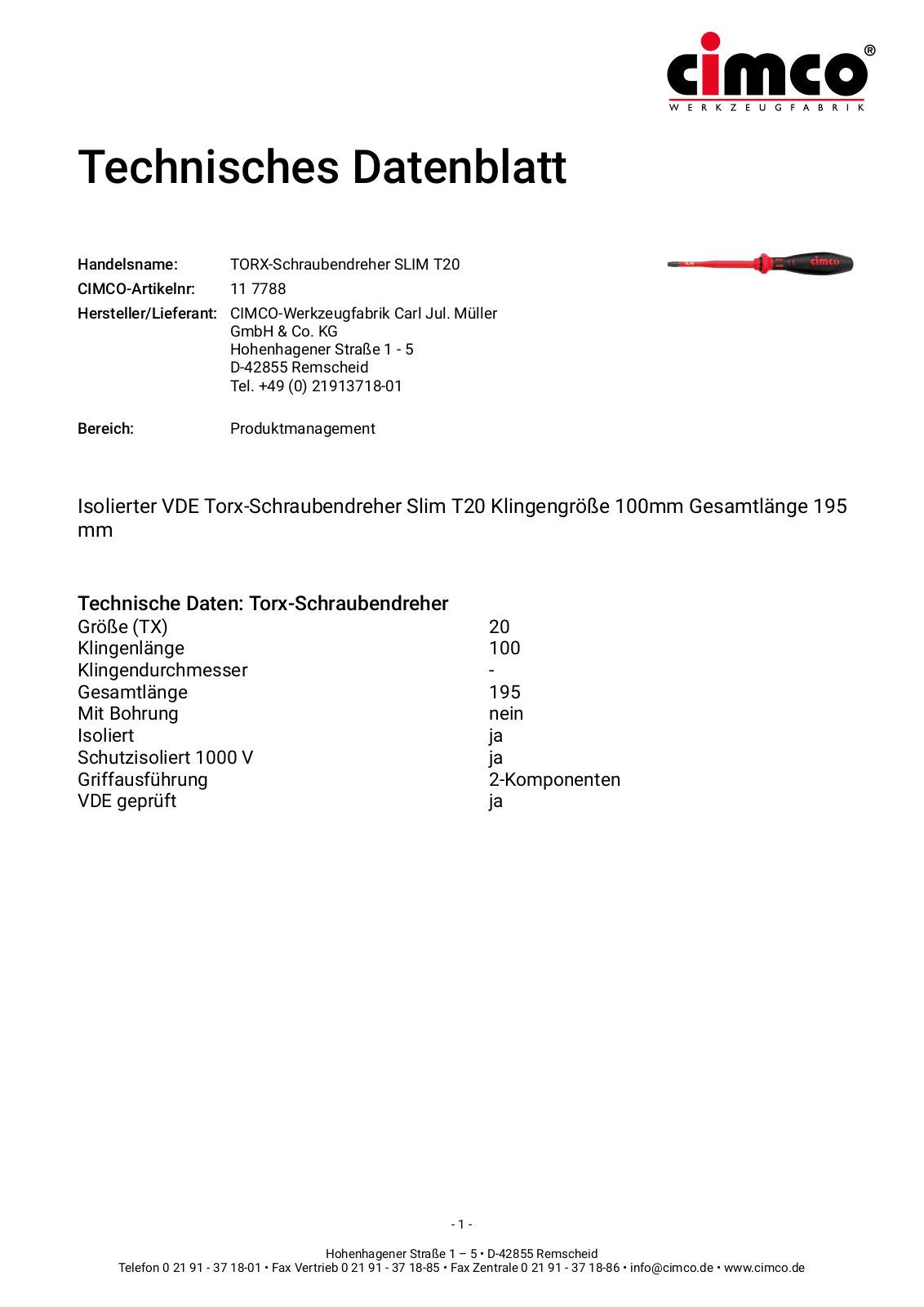 CIMCO T20 Technisches Datenblatt