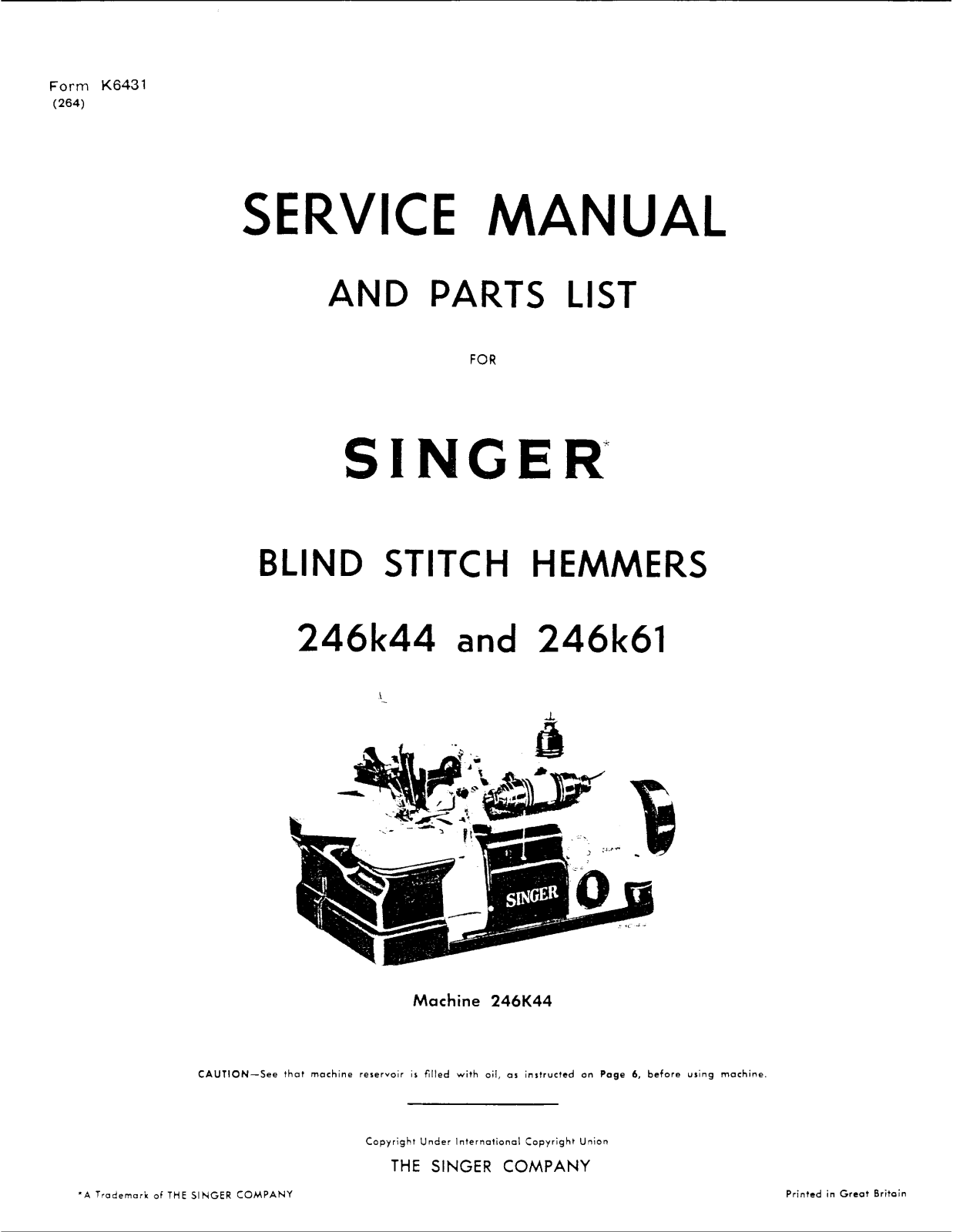 SINGER 246K44, 246K61 Parts List