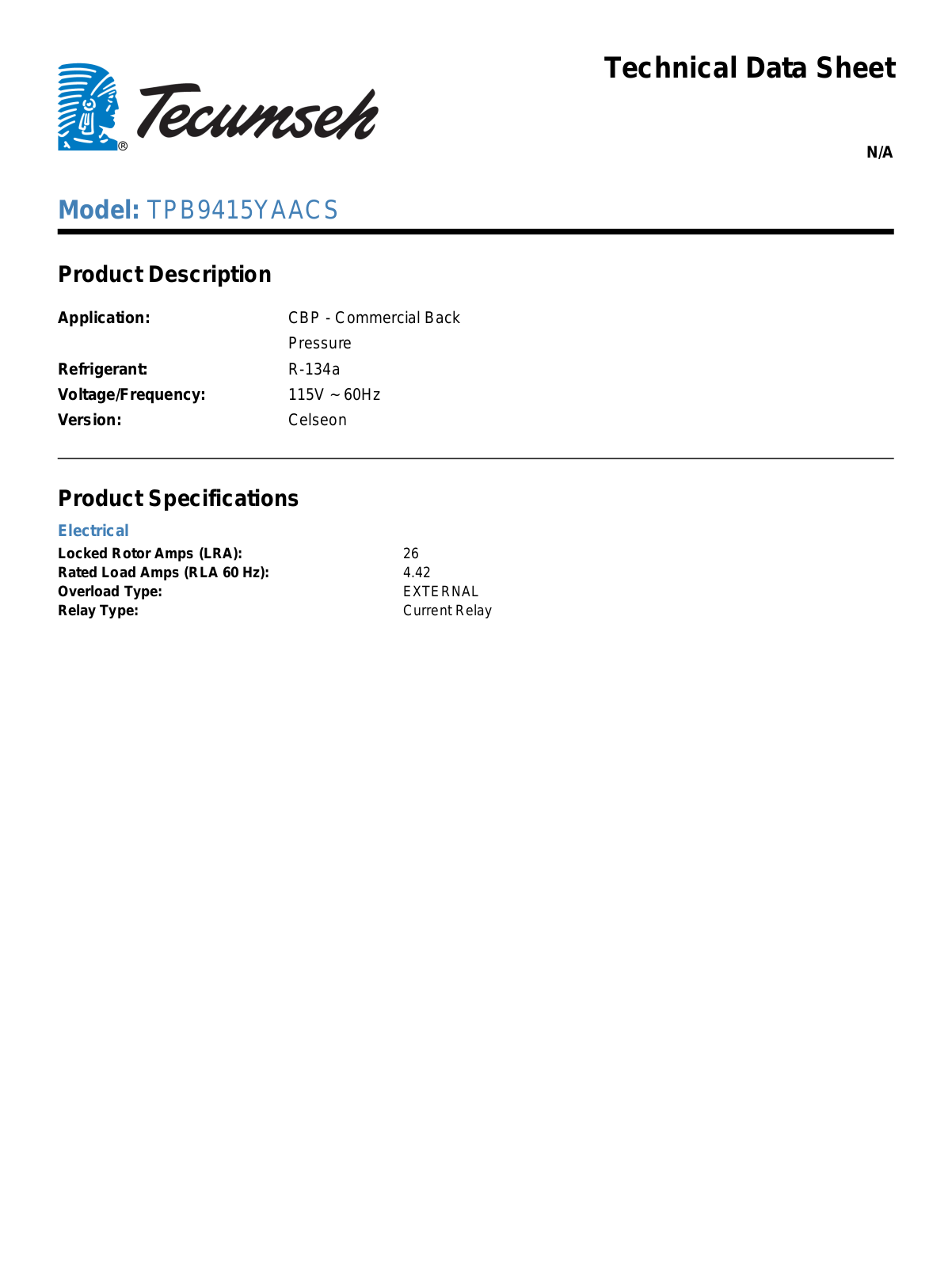 Tecumseh TPB9415YAACS User Manual