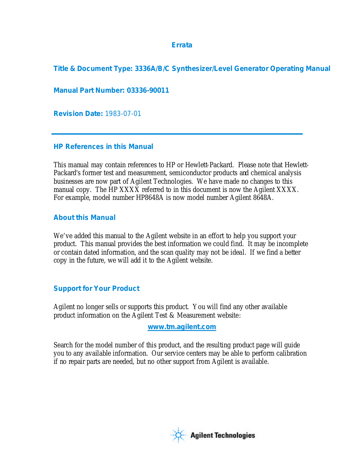 Agilent Technologies 03336-90011 User Manual