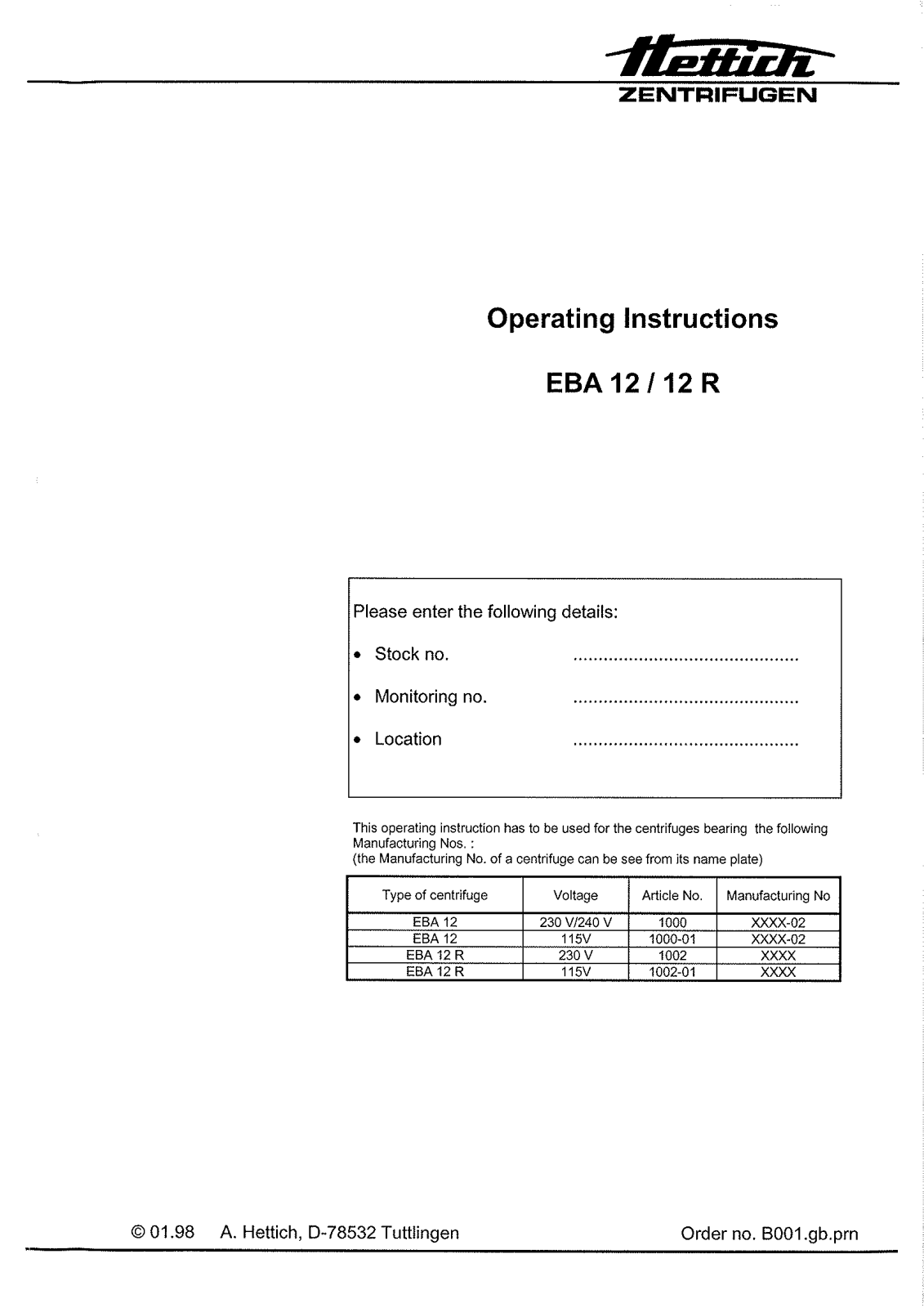 Hettich EBA 12 User manual