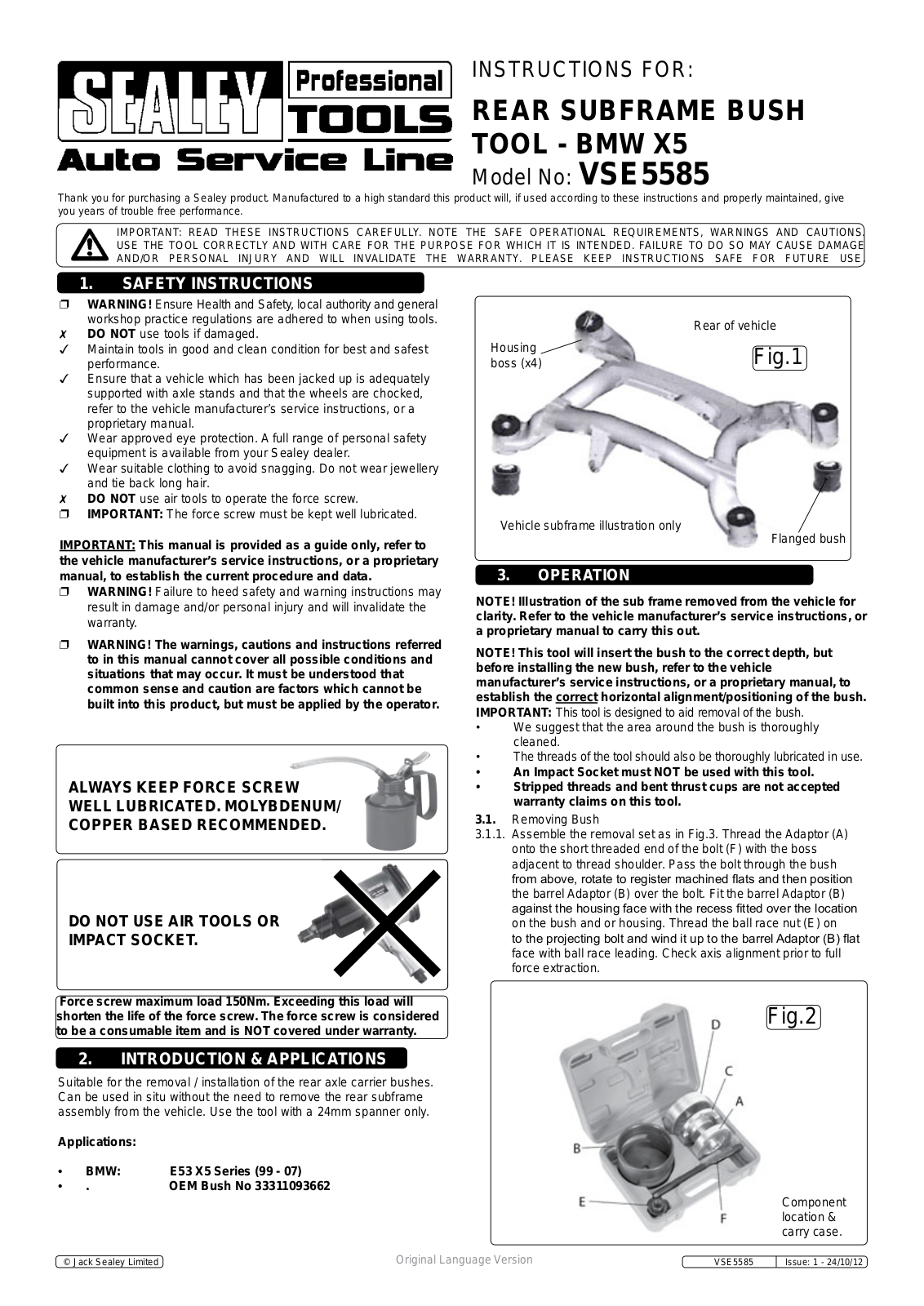 Sealey VSE5585 Instruction Booklet