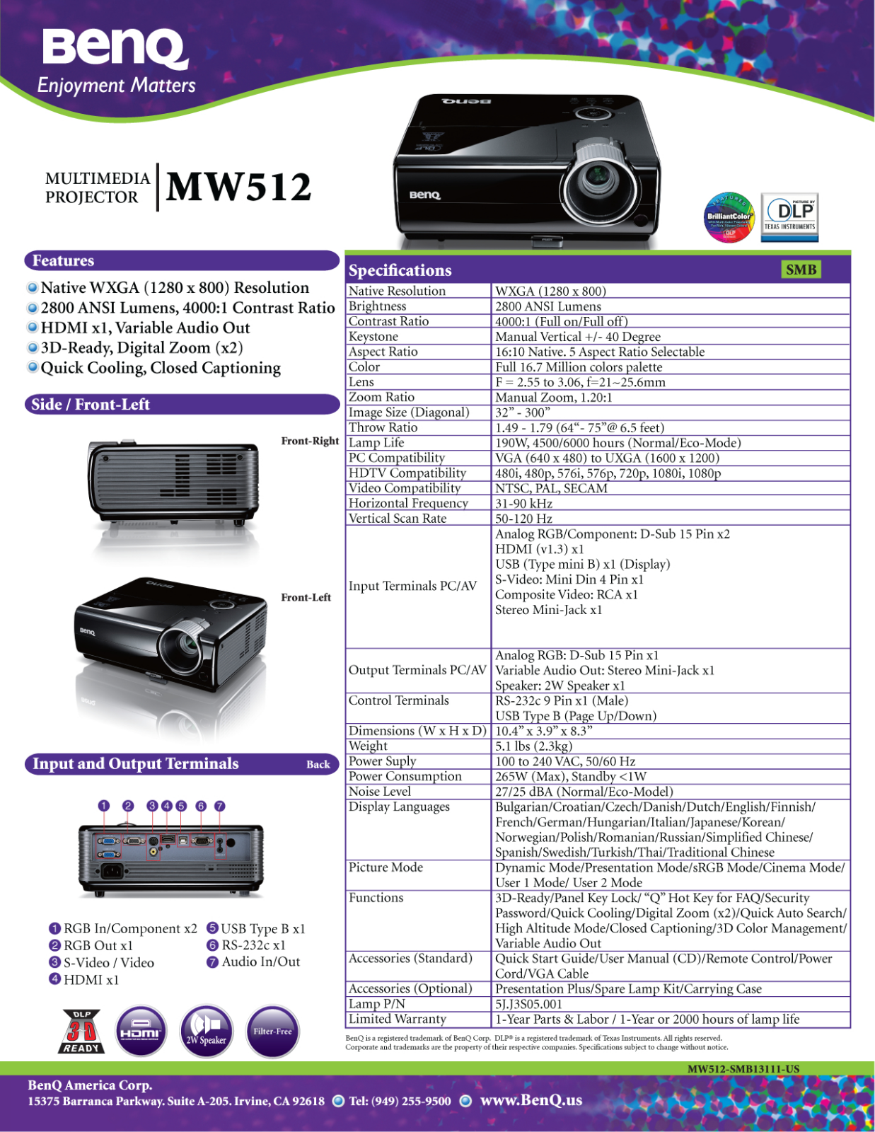 BenQ MW512 Product Sheet