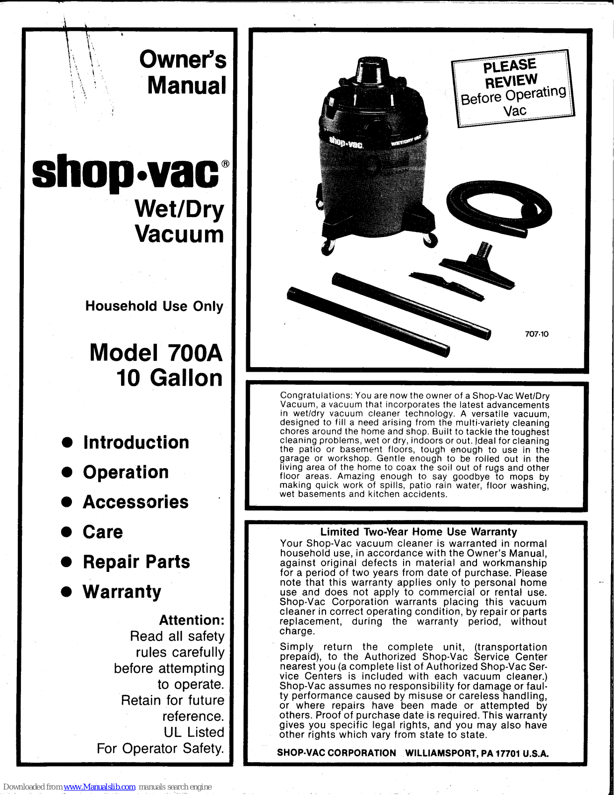 Shop-Vac 700A Owner's Manual