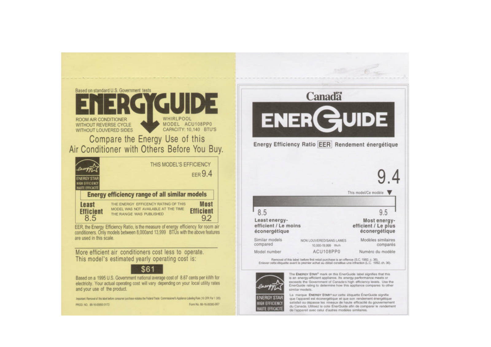 Whirlpool ACU108PP0 Energy Label