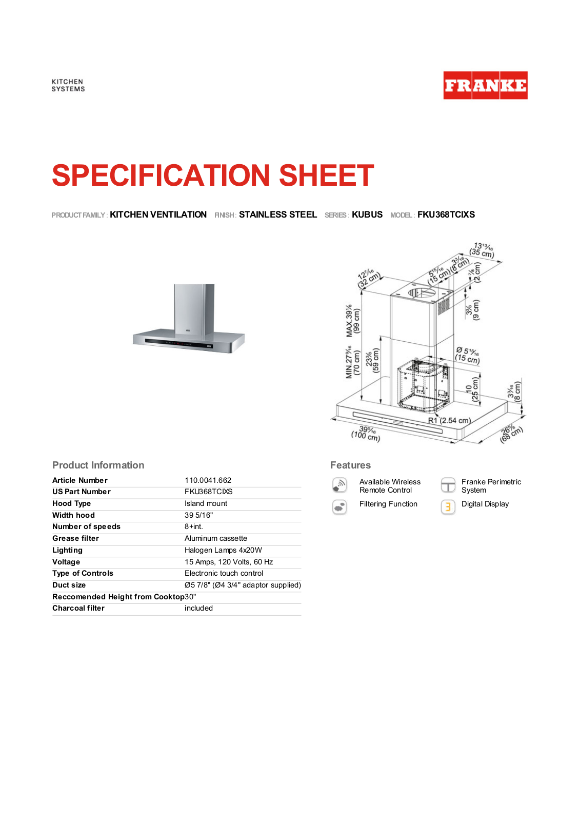 Franke Foodservice FKU368TCIXS User Manual