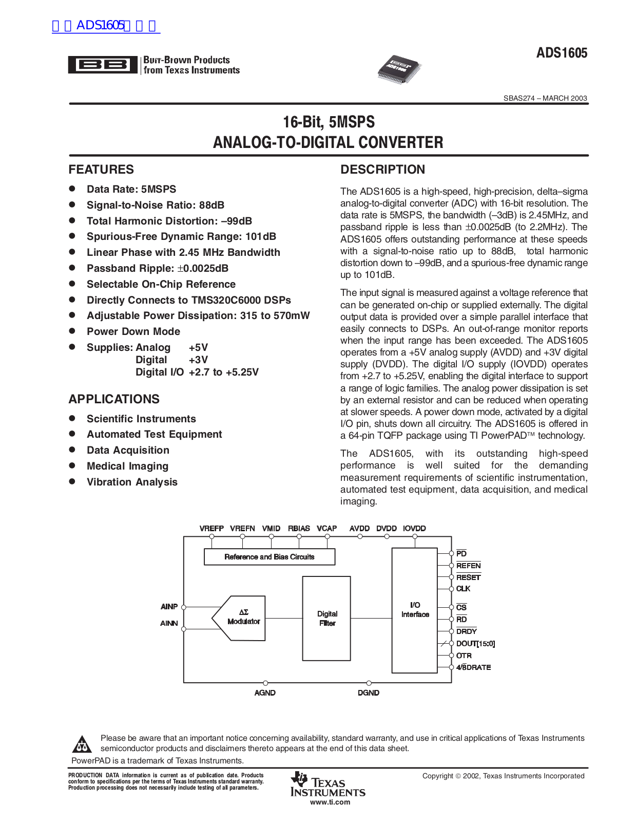 TEXAS INSTRUMENTS ADS1605 Technical data