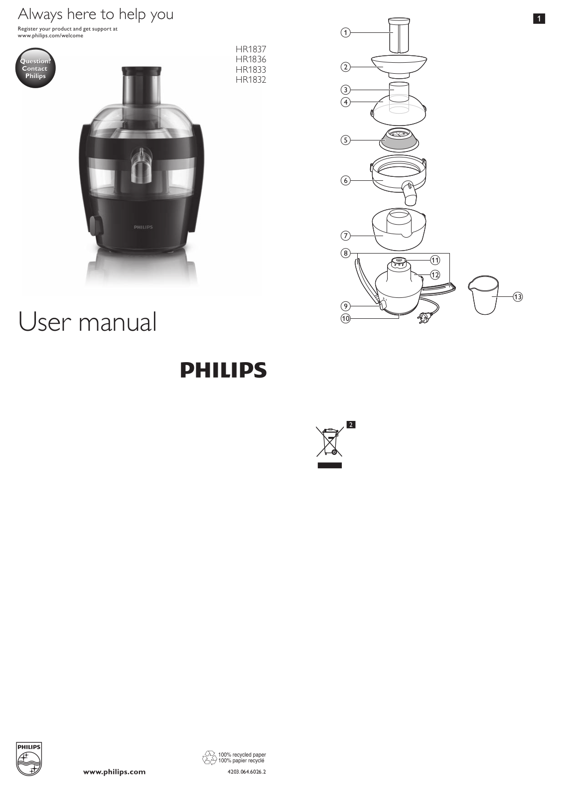 Philips HR1833, HR1837 User manual