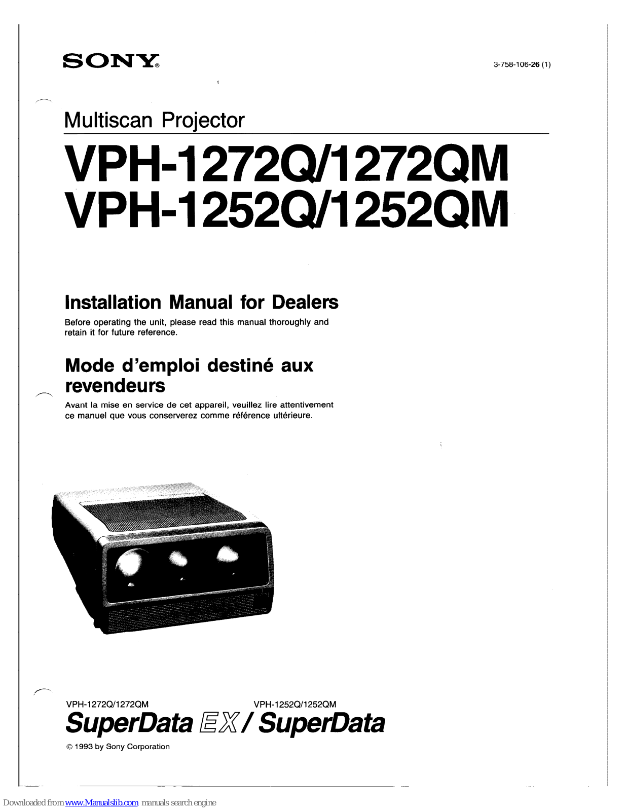 Sony VPH-1272Q, VPH-1272QM, VPH-1252Q, VPH-1252QM Installation Manual