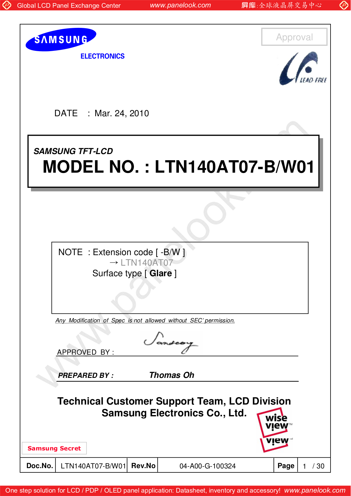 SAMSUNG LTN140AT07-W01, LTN140AT07-B01 Specification