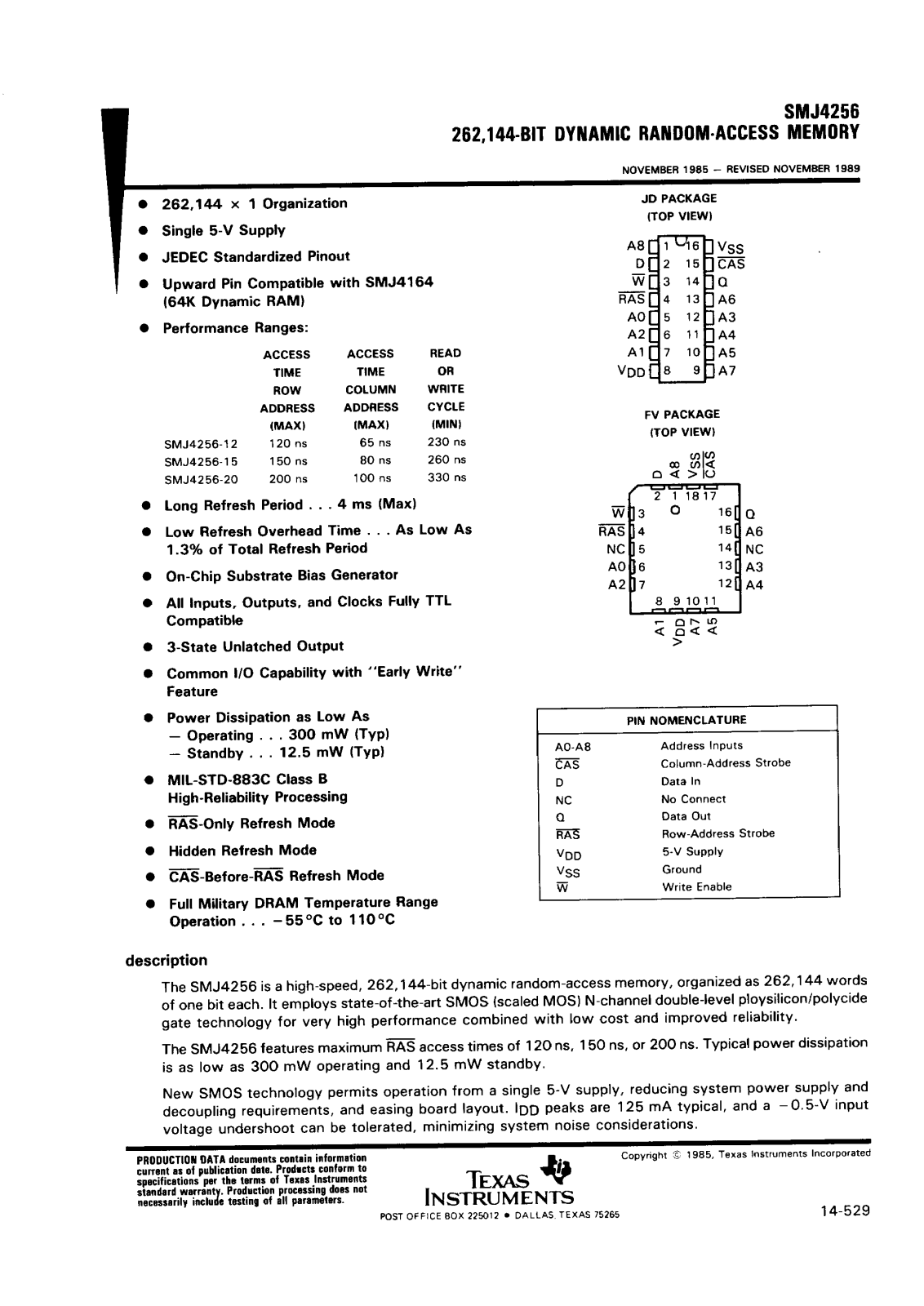 Texas Instruments SMJ4256-12FV, SMJ4256-12JD, SMJ4256-20FV, SMJ4256-20JD Datasheet