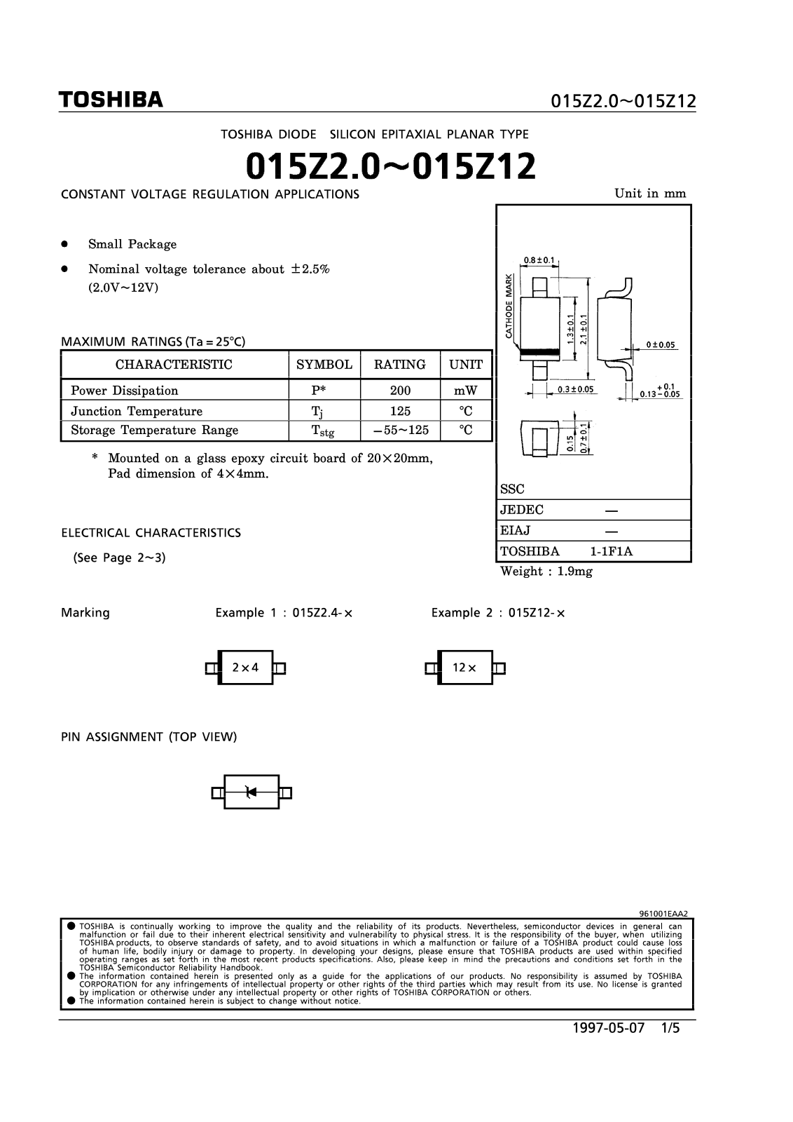 Toshiba 015Z6.8-Y, 015Z6.8-X, 015Z6.2-Z, 015Z3.3-Z, 015Z3.3-X Datasheet