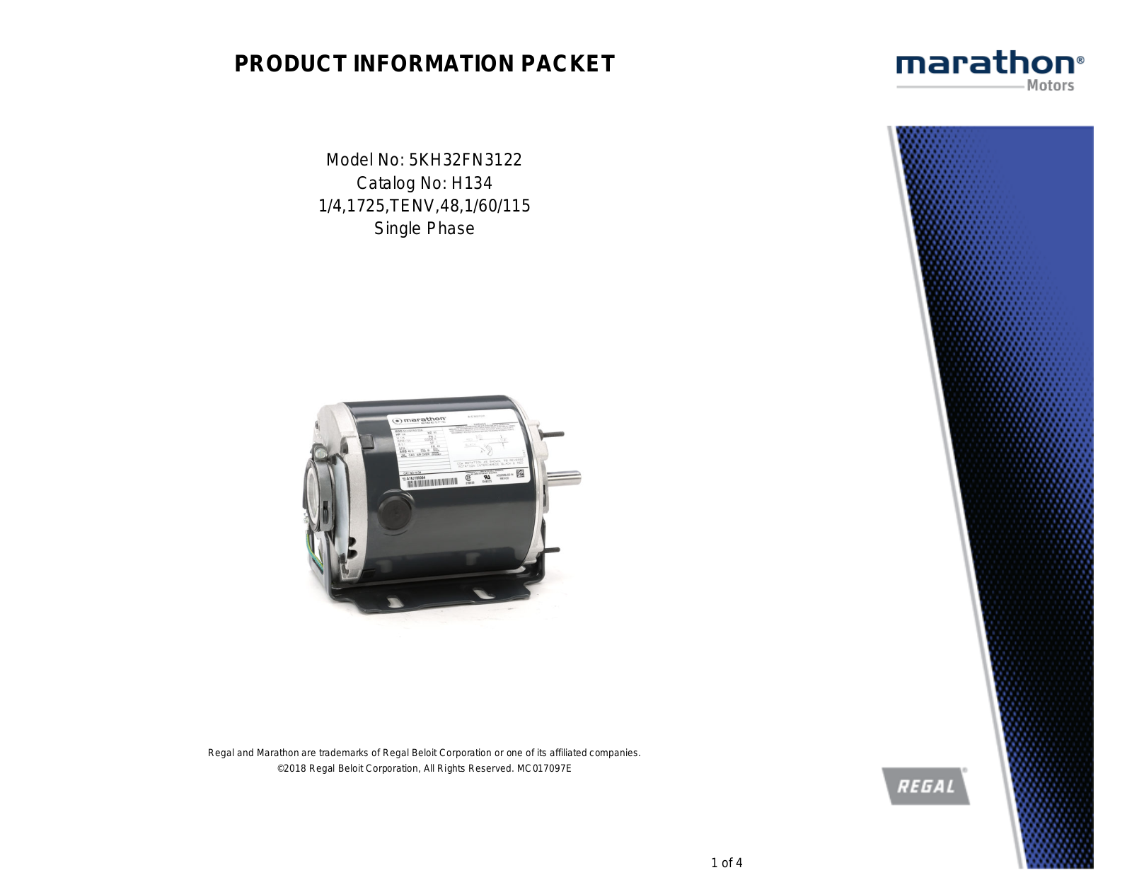 Marathon Electric 5KH32FN3122 Product Information Packet