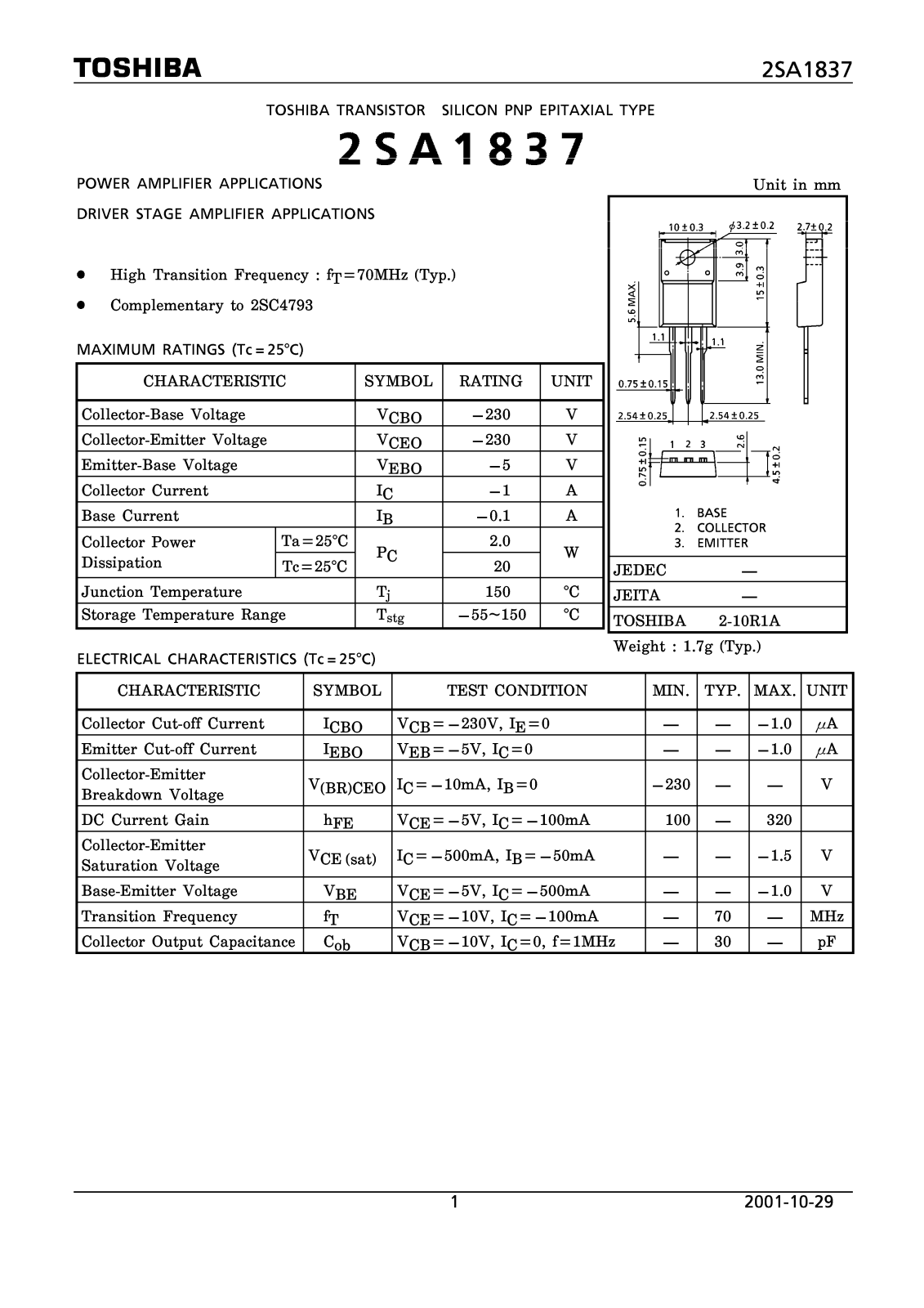 Philips 2sa1837 DATASHEETS