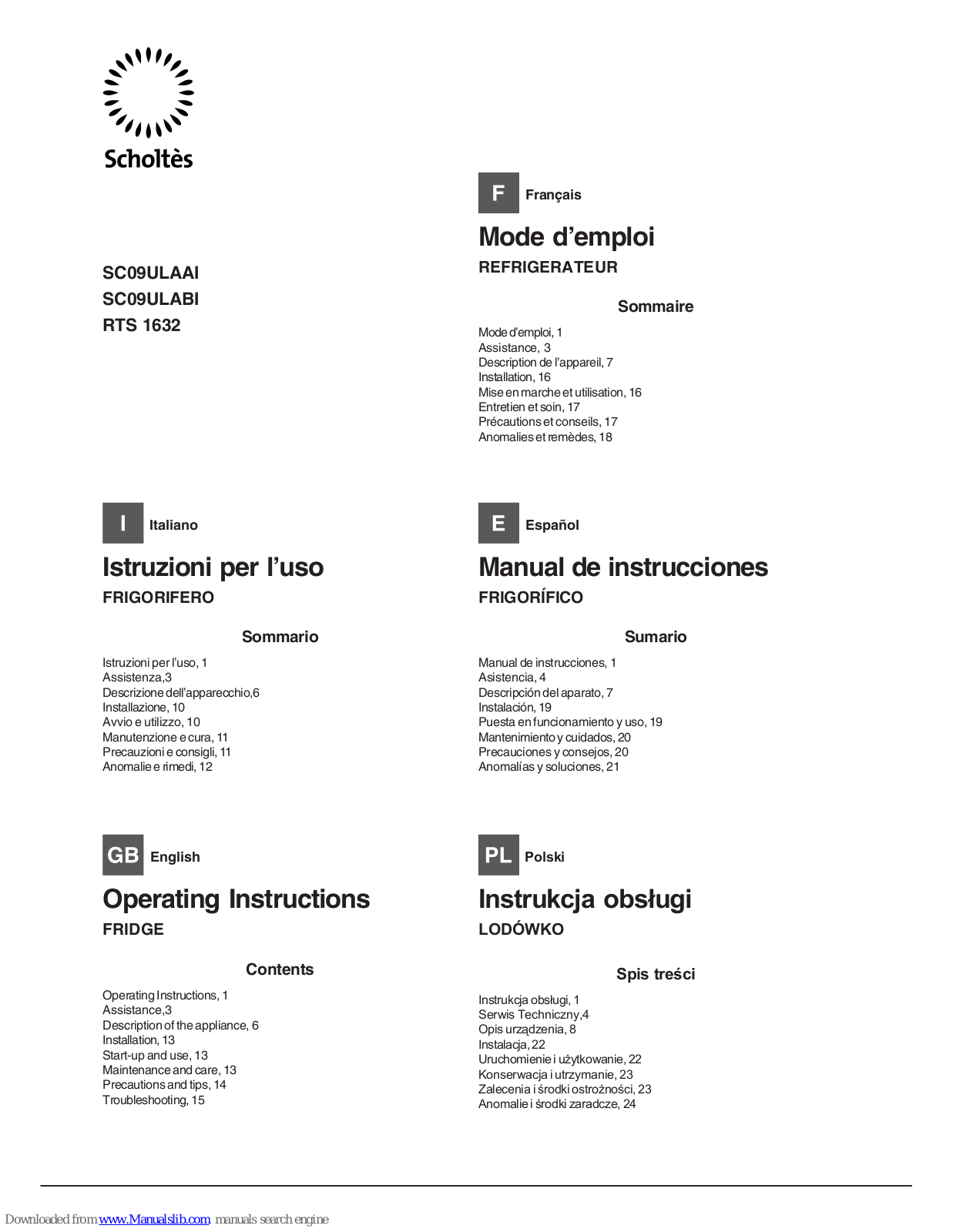 SCHOLTES SC09ULAAI,SC09ULABI,RTS 1632 Operating Instructions Manual