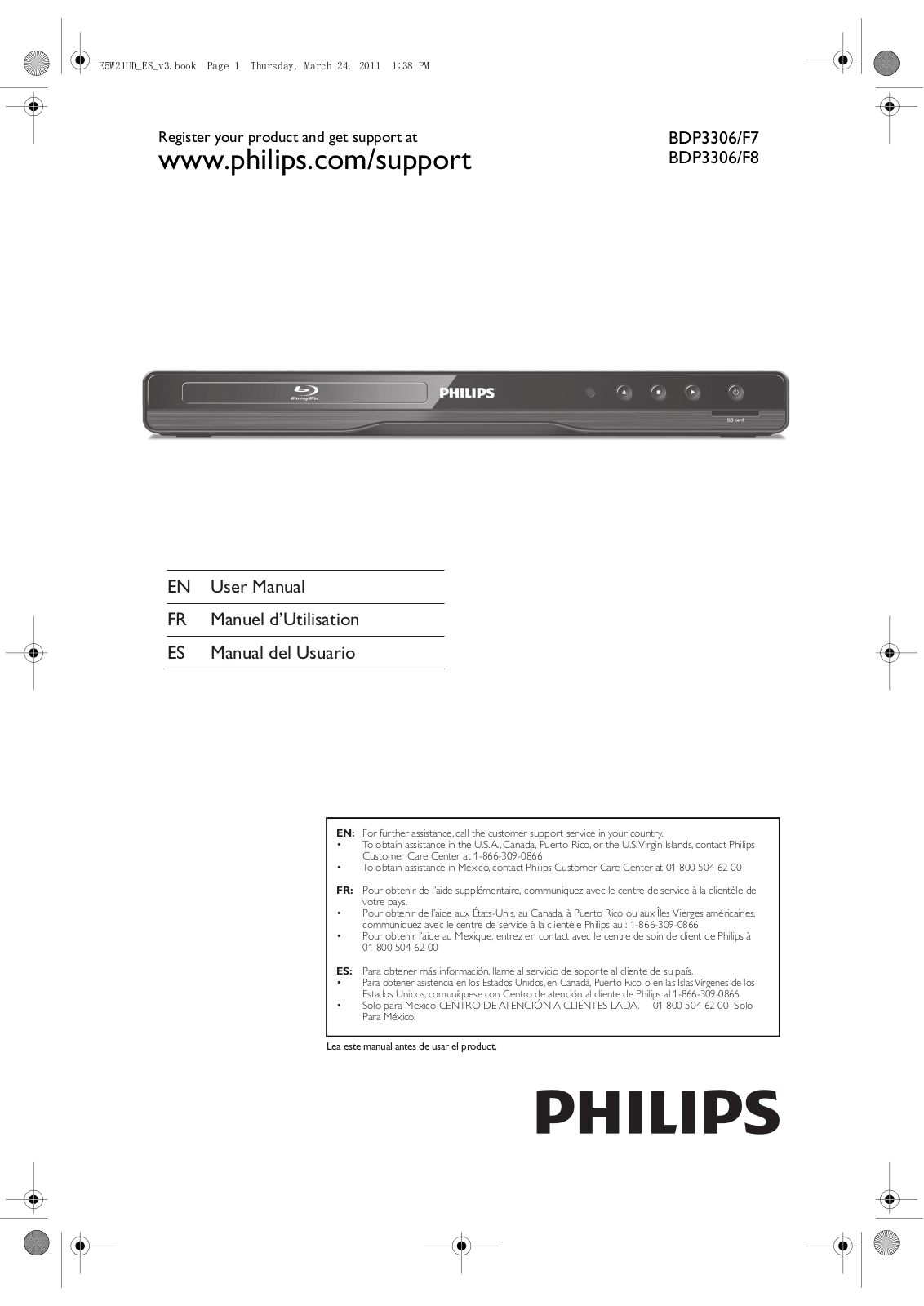 Philips BDP3306/F7, BDP3306/F8 User Manual