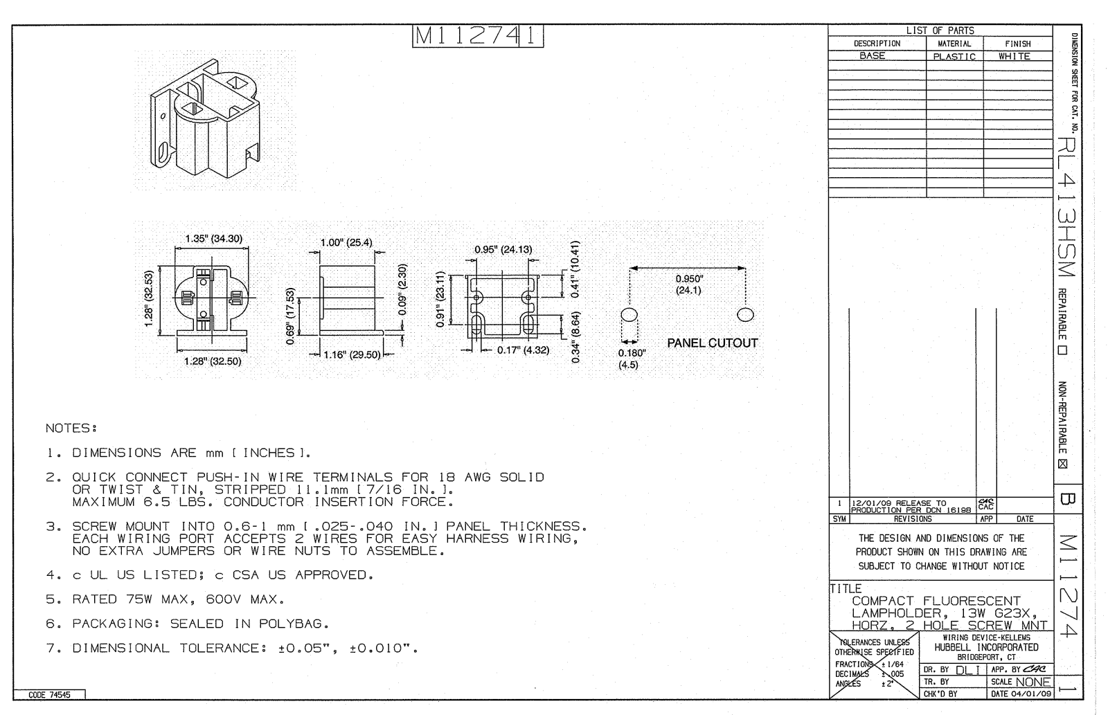 Hubbell RL413HSM Reference Drawing