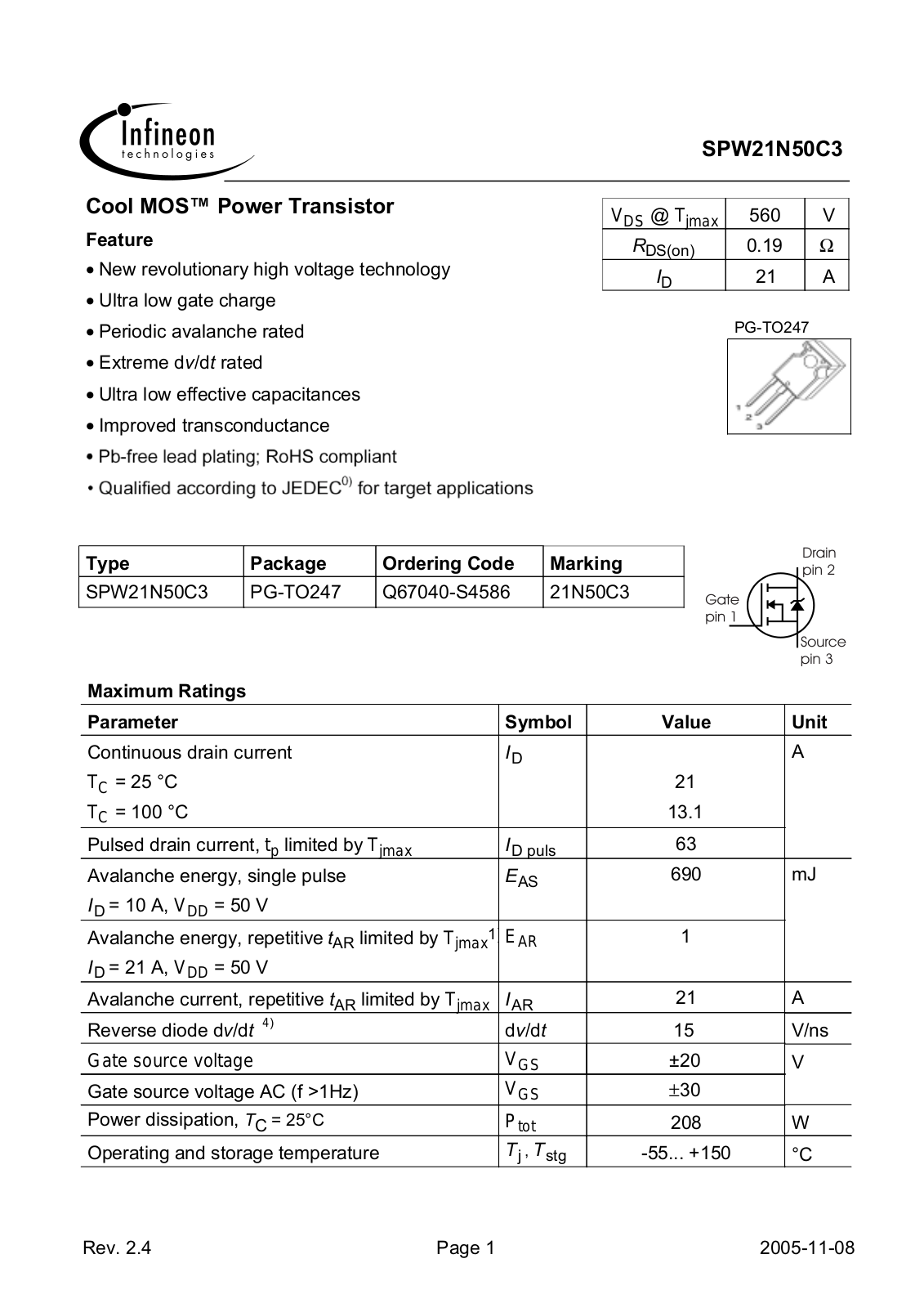 INFINEON SPW21N50C3 User Manual