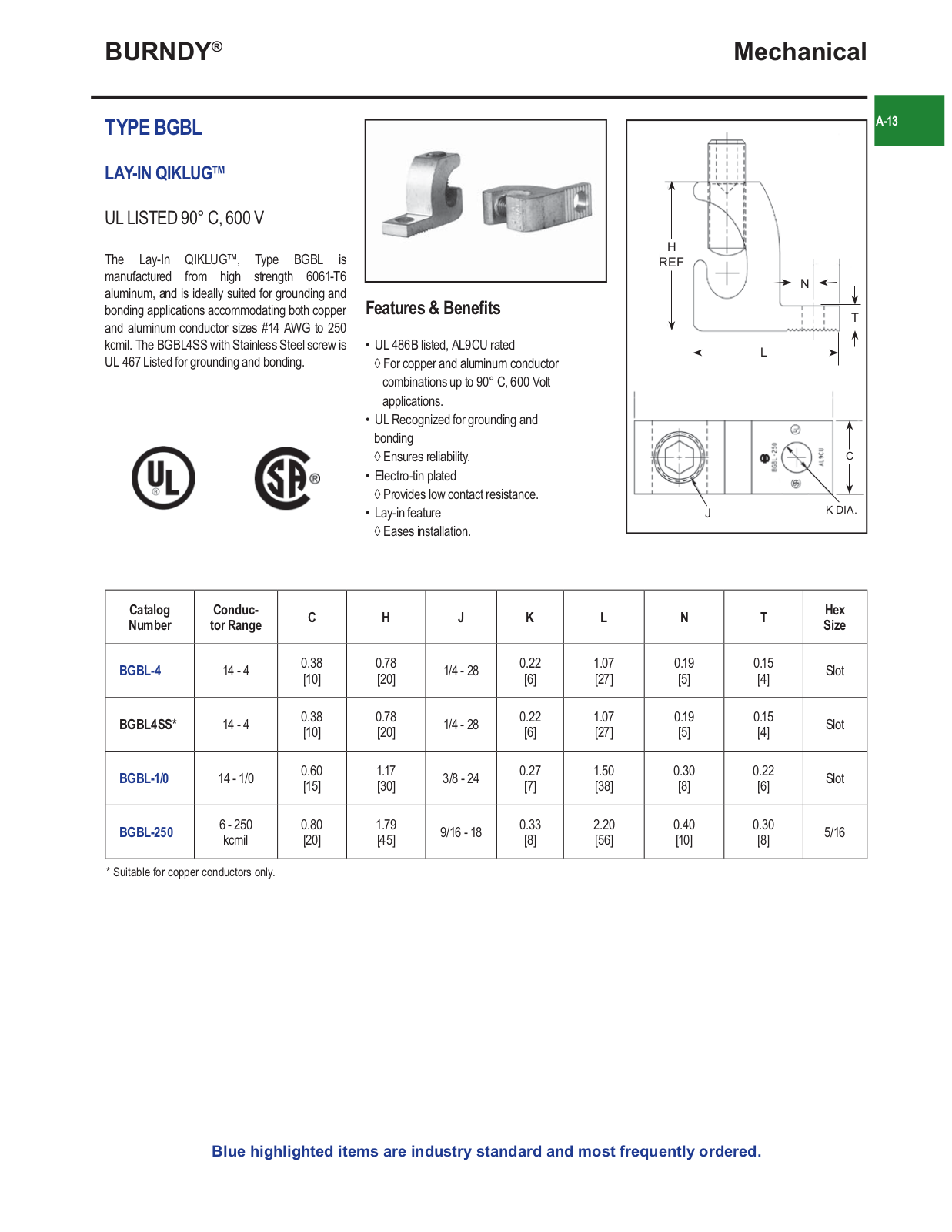 Burndy BGBL Catalog Page