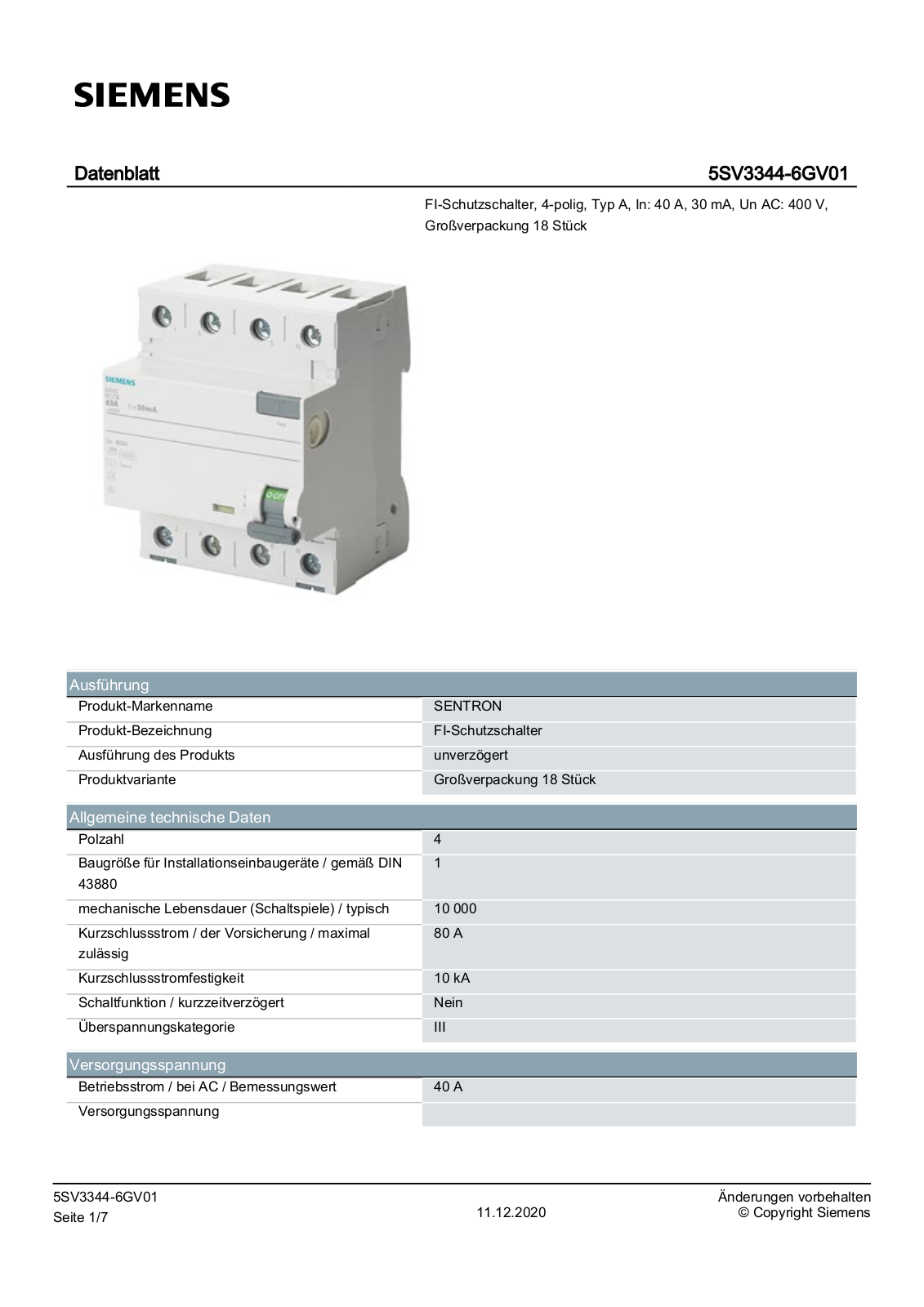 Siemens 5SV3344-6GV01 Datenblatt