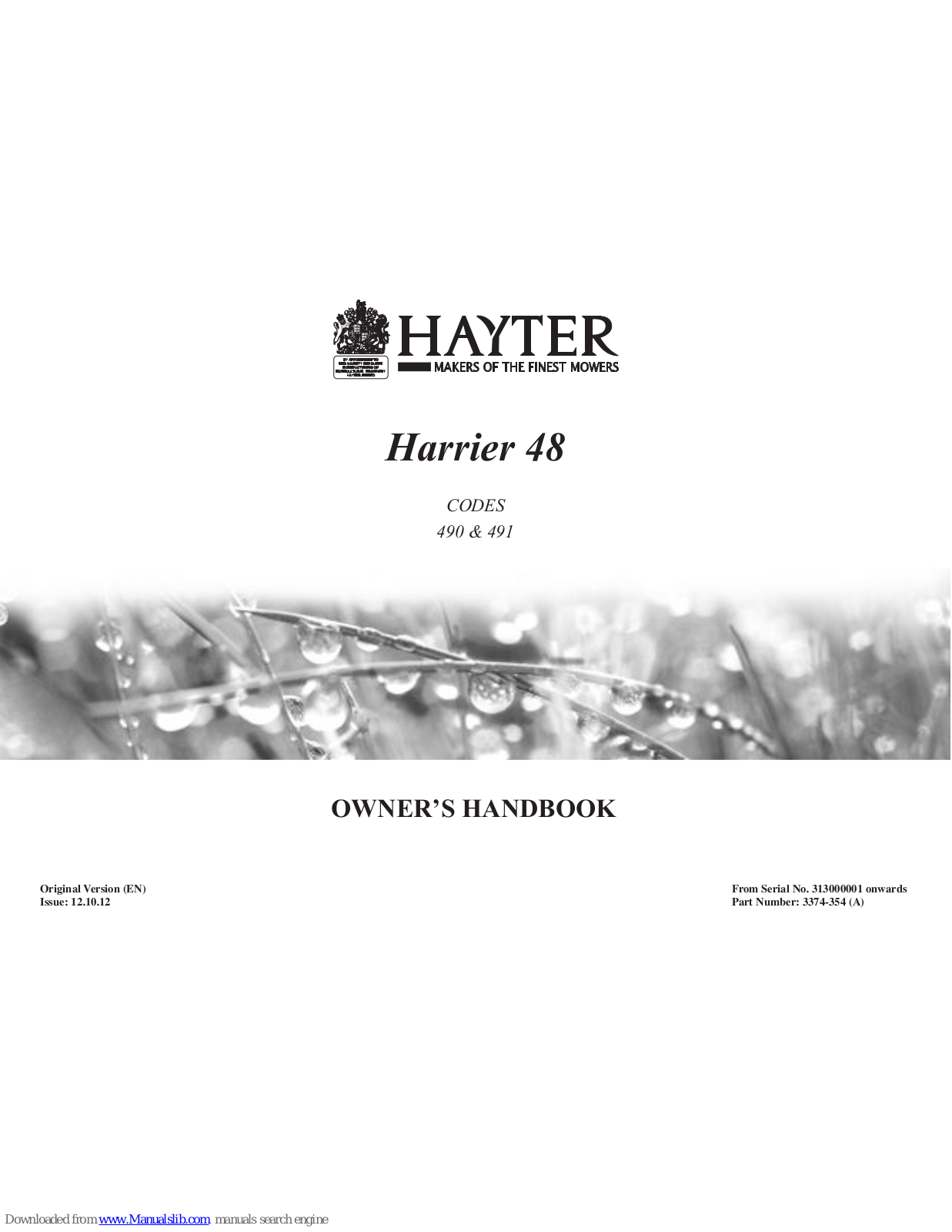 Hayter Harrier 48 490 Owner's Handbook Manual