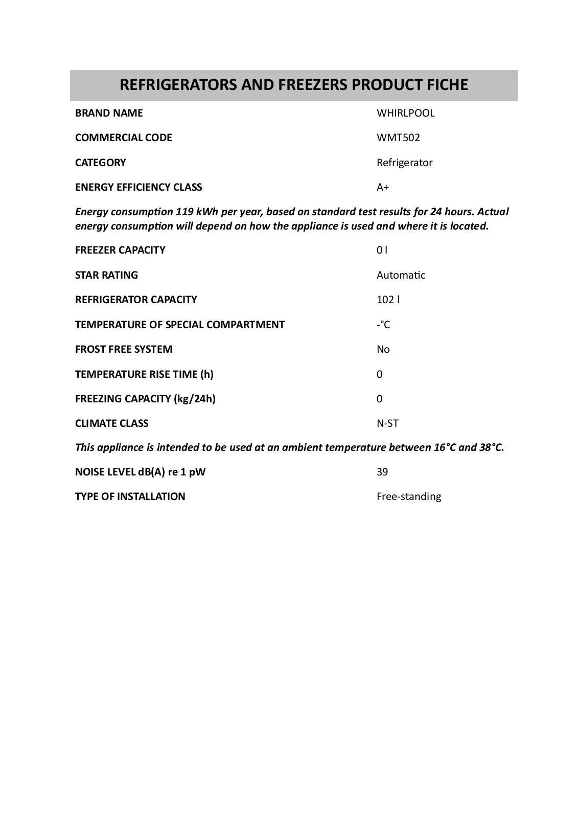 Whirlpool WMT502 Product Sheet