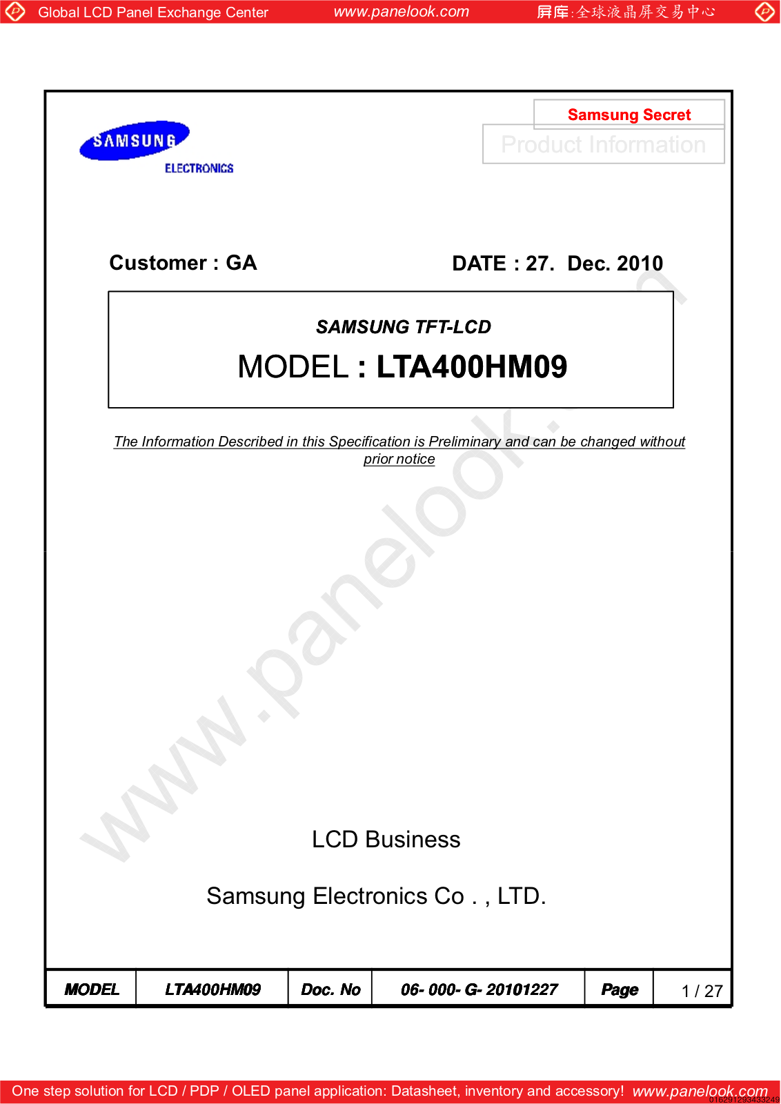 SAMSUNG LTA400HM09 Specification