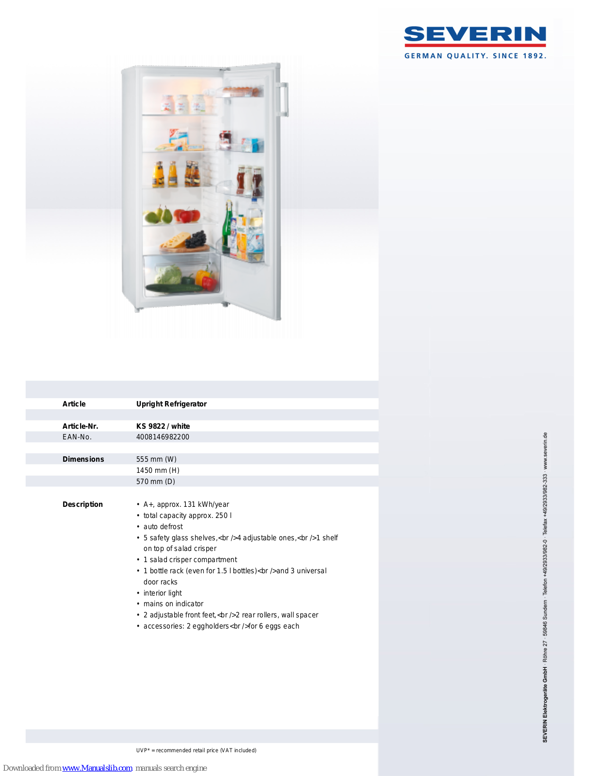 SEVERIN KS 9822, UPRIGHT REFRIGERATOR - DATASHEET 2 Dimensions