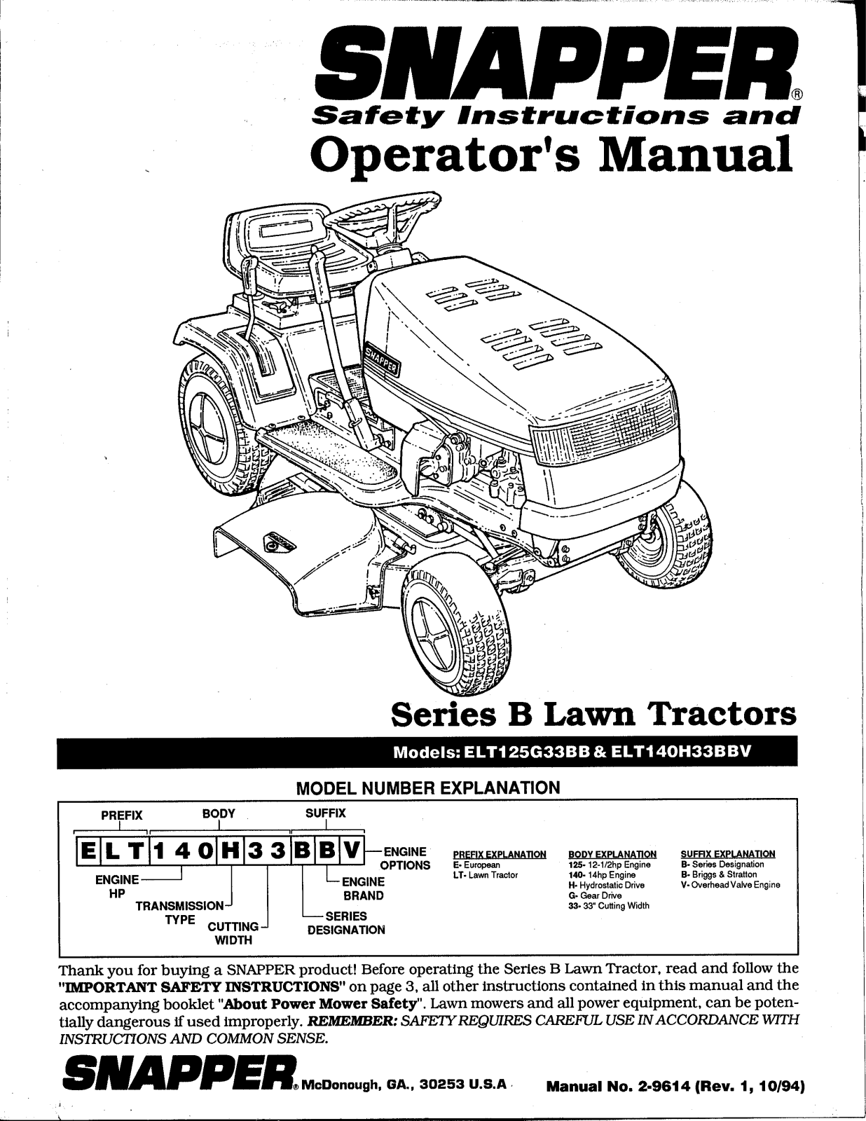 Snapper ELT125G33BB, ELT140H33BBV User Manual