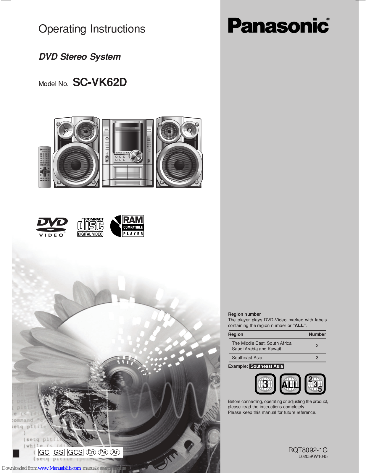 Panasonic SA-VK62D, SB-VK62 Operating Instructions Manual