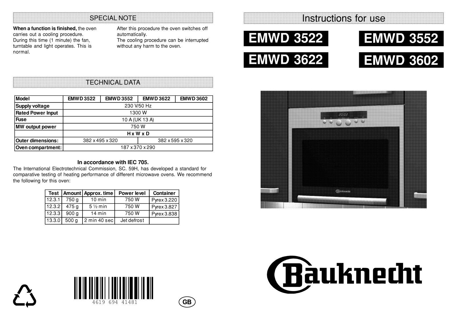 Whirlpool EMWD 3622, EMWD 3522 INSTRUCTION FOR USE