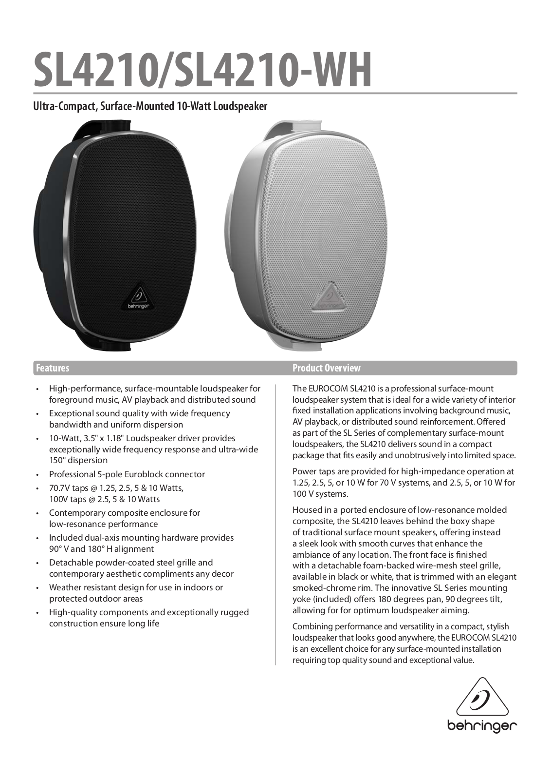 Behringer SL4210, SL4210-WH Specification Sheet