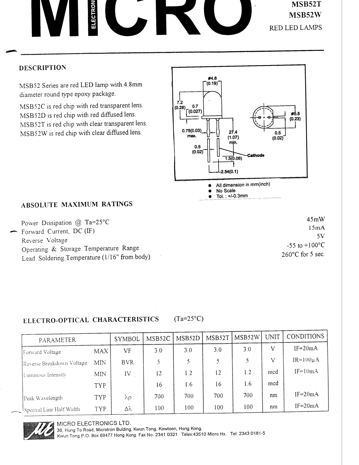 MICRO MSB52T, MSB52W, MSB52C, MSB52D Datasheet