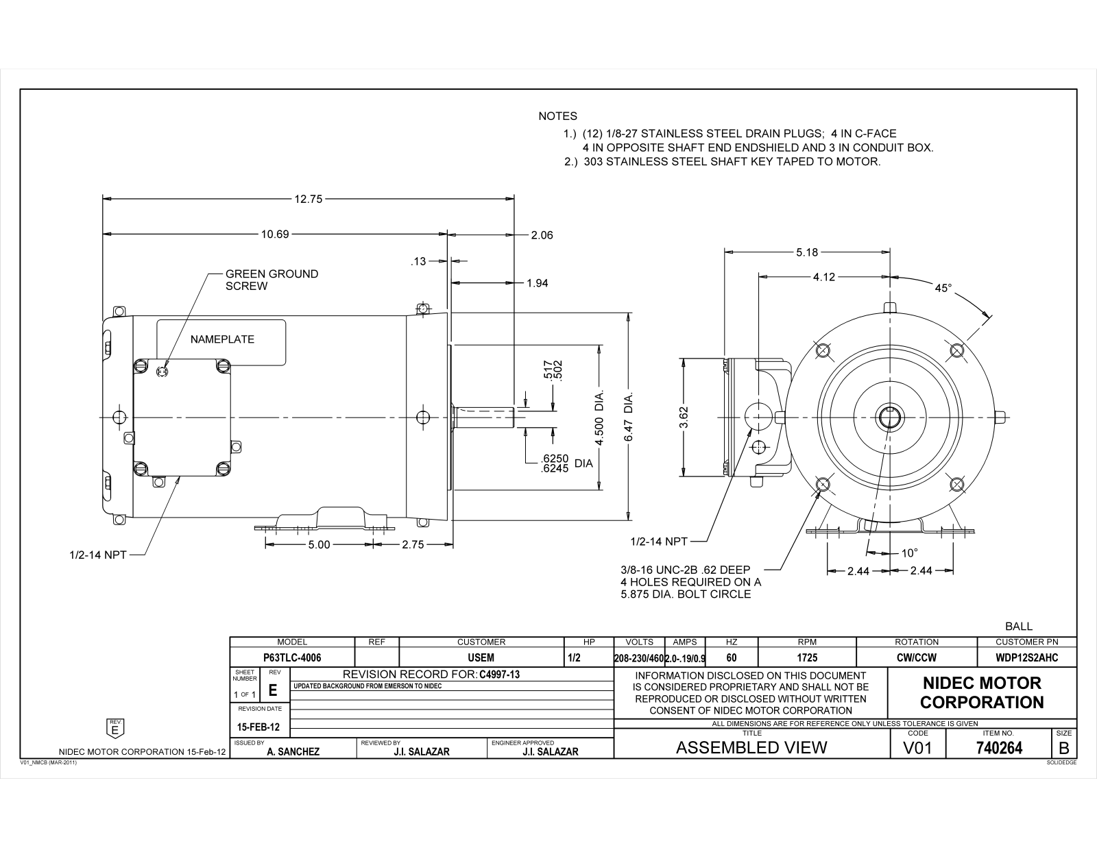 US Motors WDP12S2AHC Dimensional Sheet