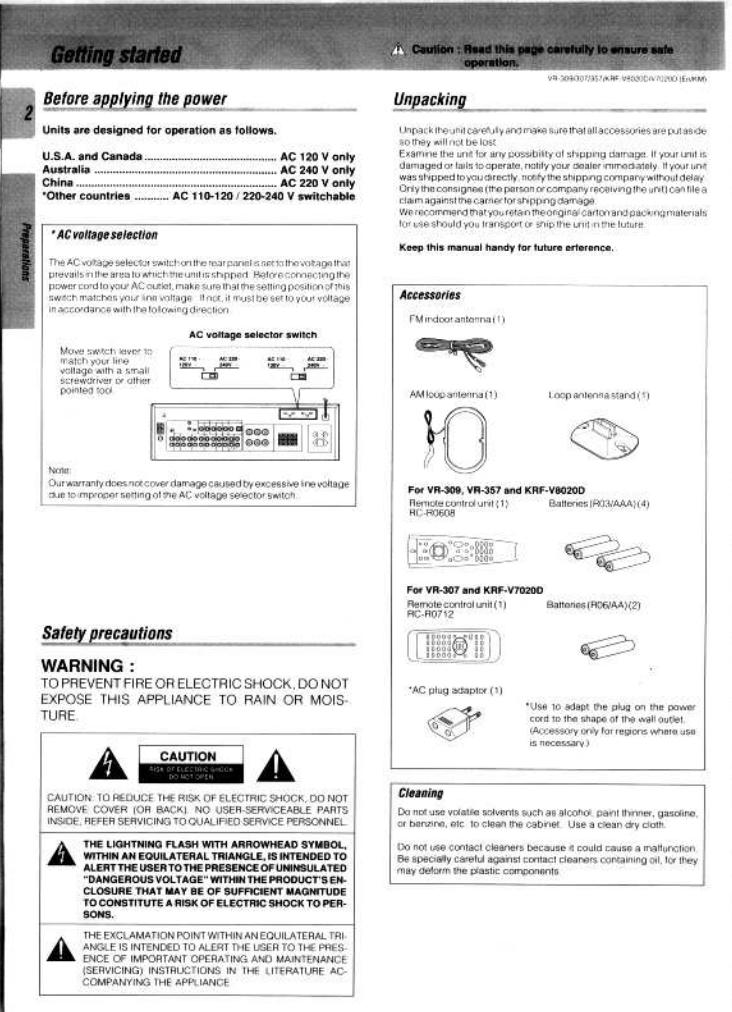 KENWOOD VR-357, VR-307, VR-309, KRF-V8020D, KRF-V7020D User Manual