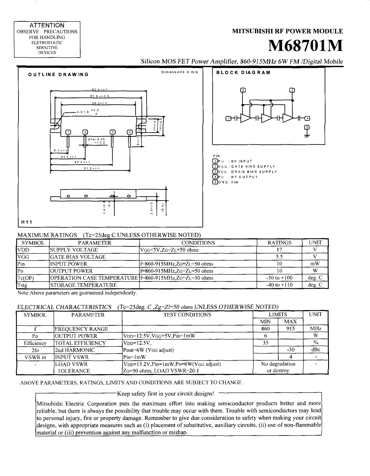 Mitsubishi M68701M Datasheet