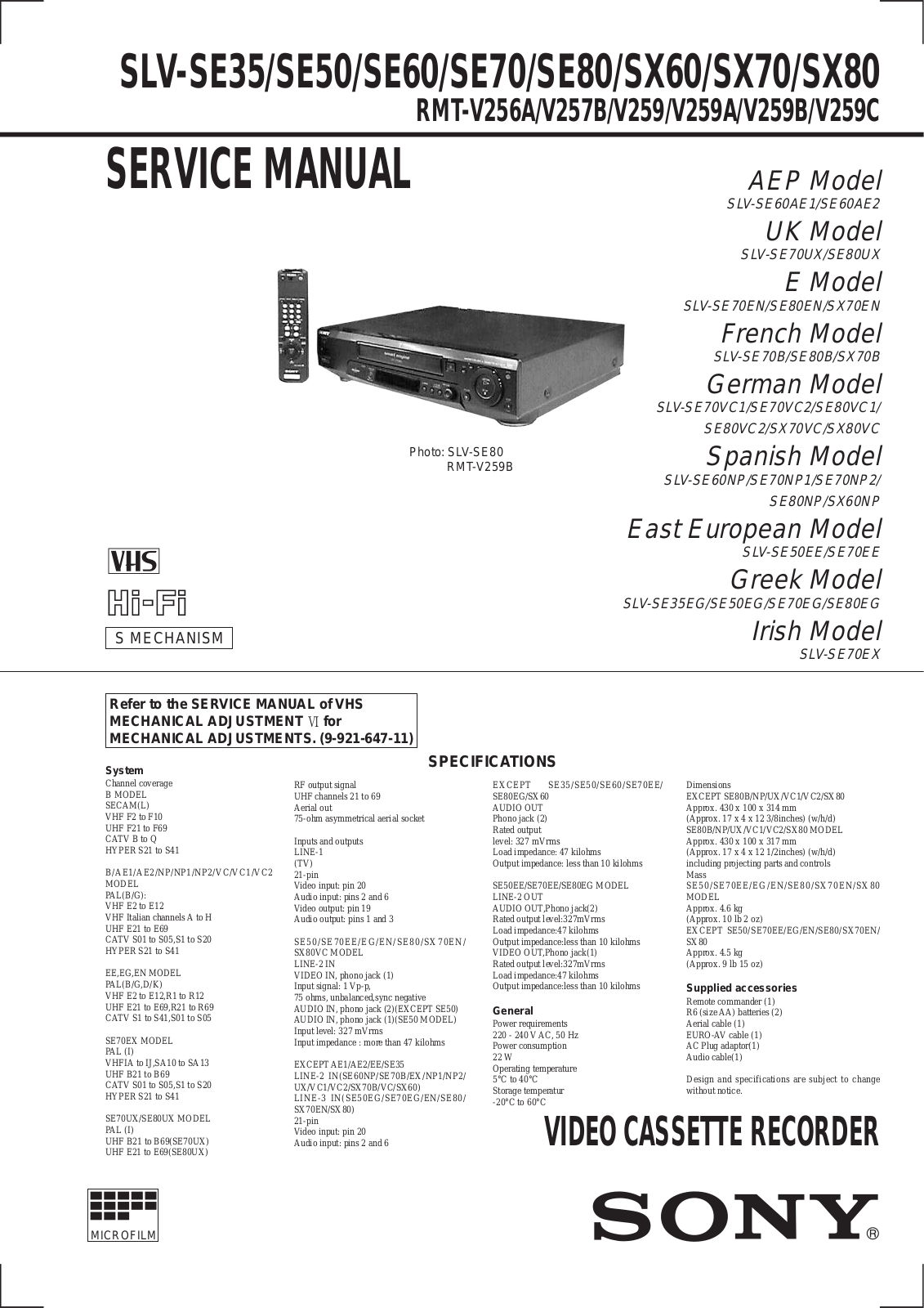 Sony slv-se35, slv-se50, slv-se60, slv-se70, slv-se80 Service Manual