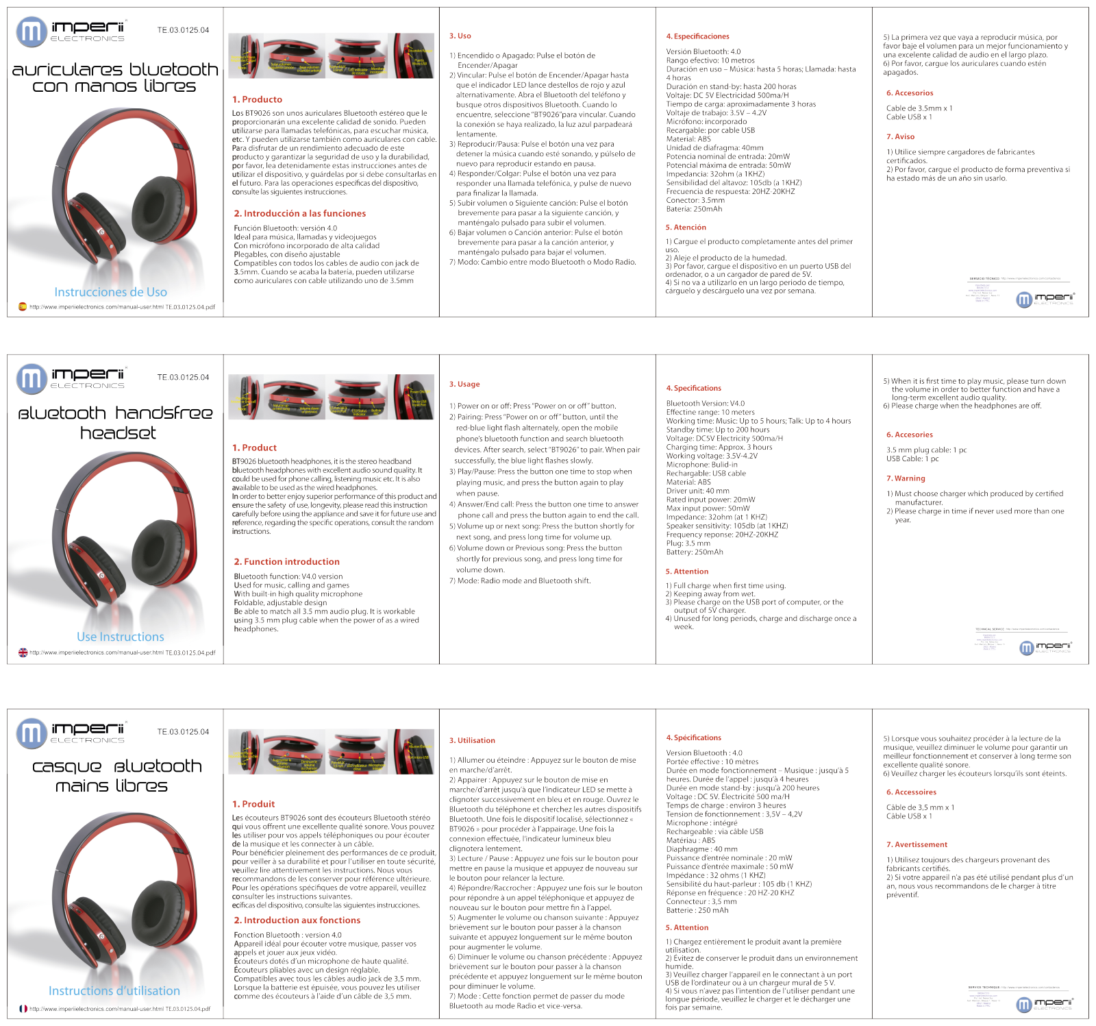 imperii electronics Bluetooth Handsfree Headset Instruction Manual