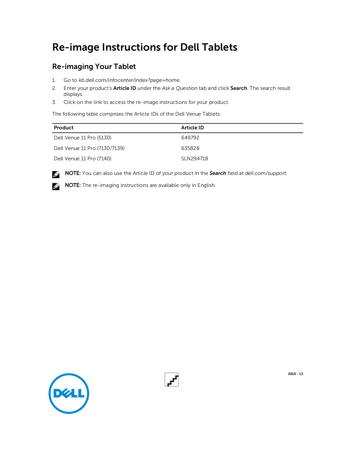 Dell Venue 11 Pro 5130-32Bit, Venue 11 Pro 7130, Venue 11 Pro 7139 Re-image Instructions