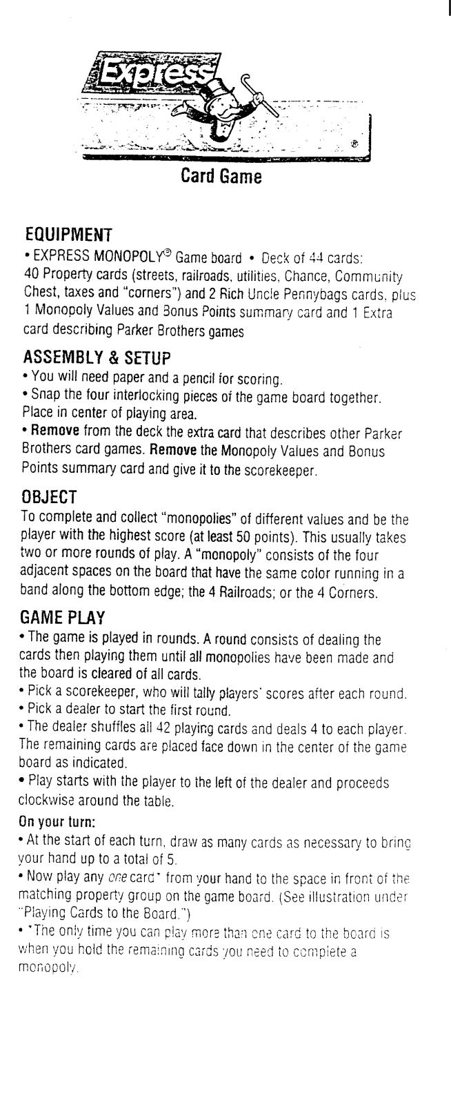 HASBRO Monopoly Express Card Game User Manual
