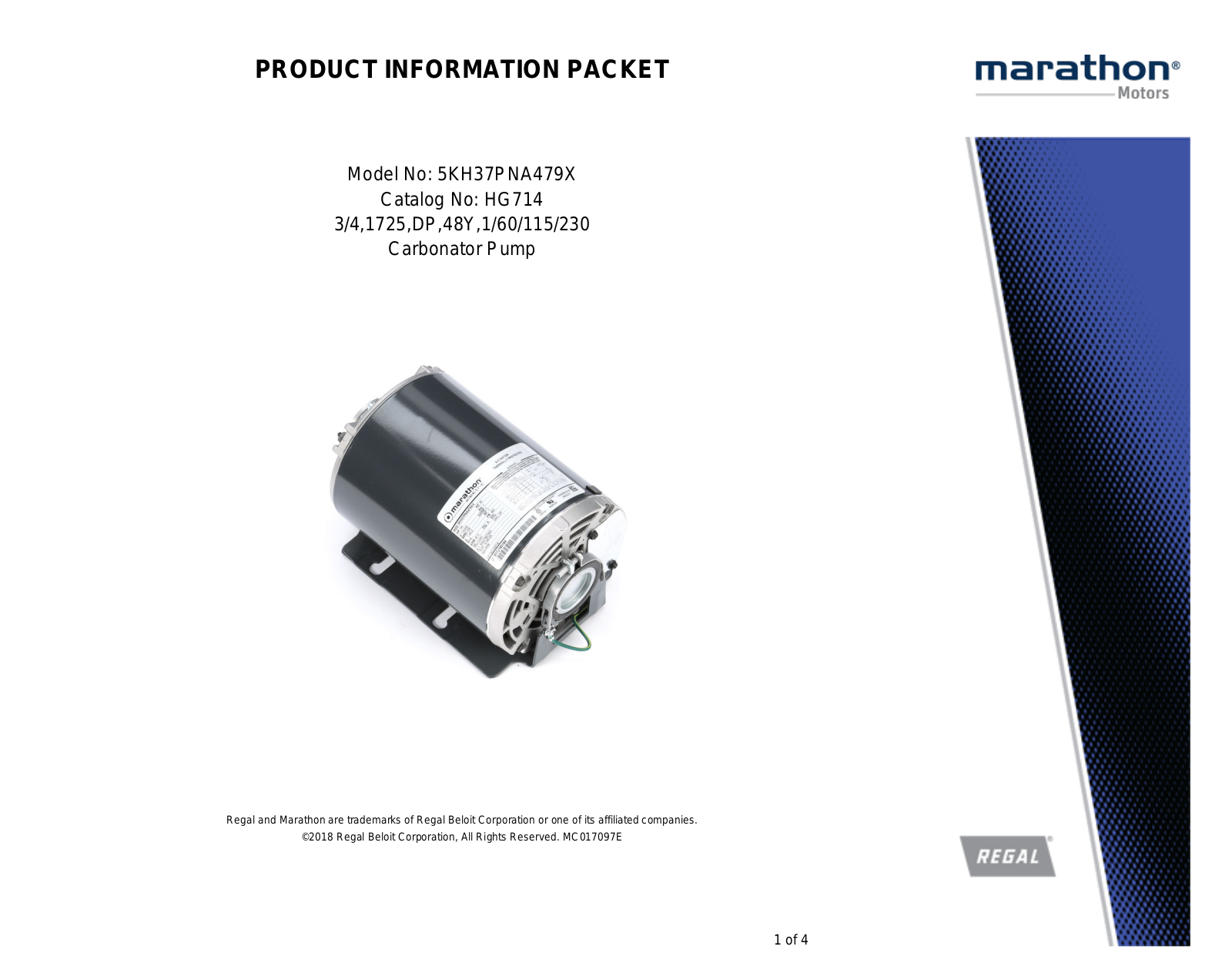 Marathon Electric 5KH37PNA479X Product Information Packet